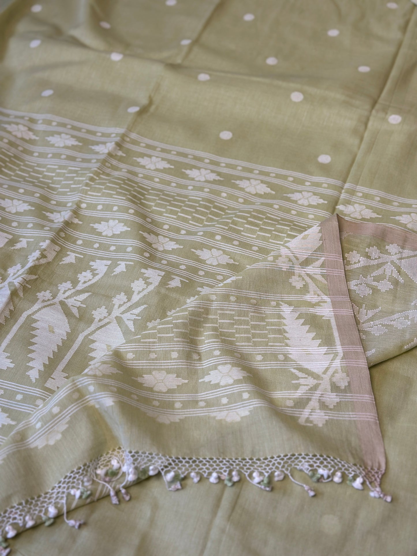 Green Hand Spun and Handwoven Pure Khaadi Sari with Intricate Needle Work Jamdani