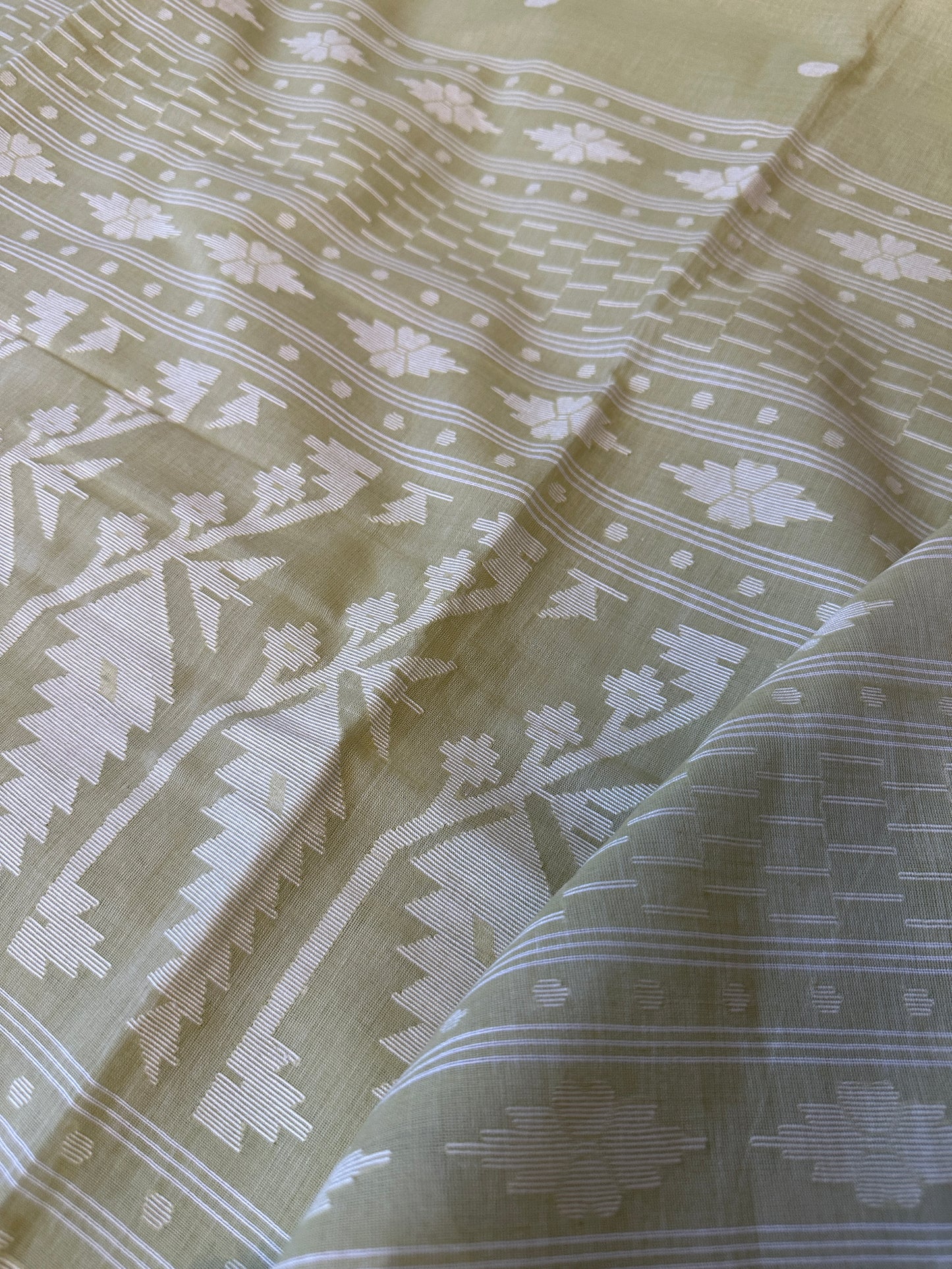 Green Hand Spun and Handwoven Pure Khaadi Sari with Intricate Needle Work Jamdani