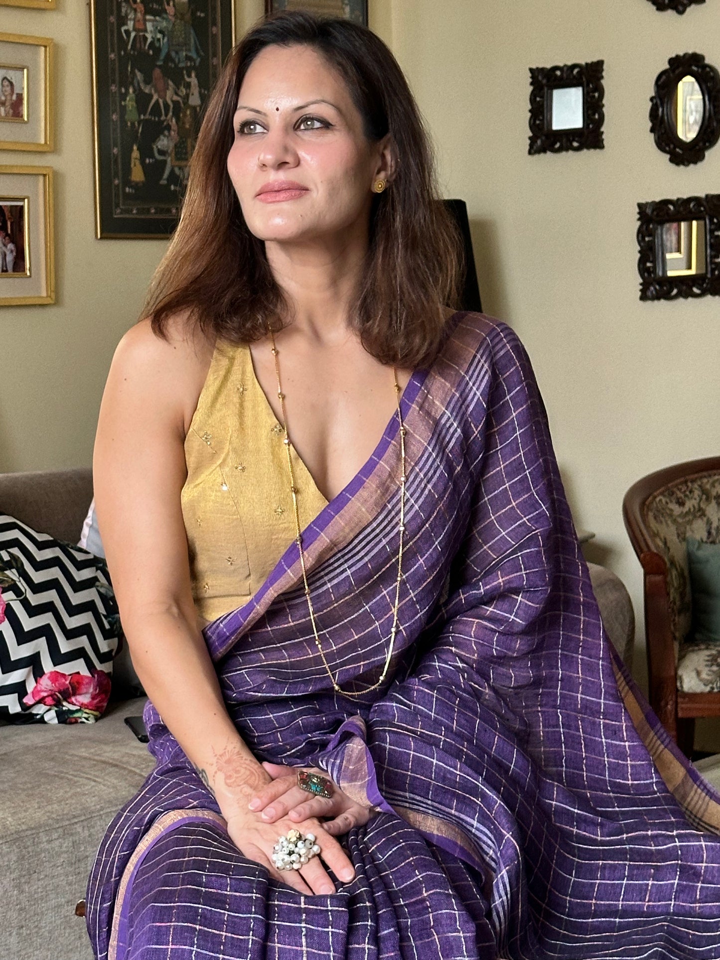 Purple Pure Linen Sari with Silver and Gold Zari Checks - Raahini