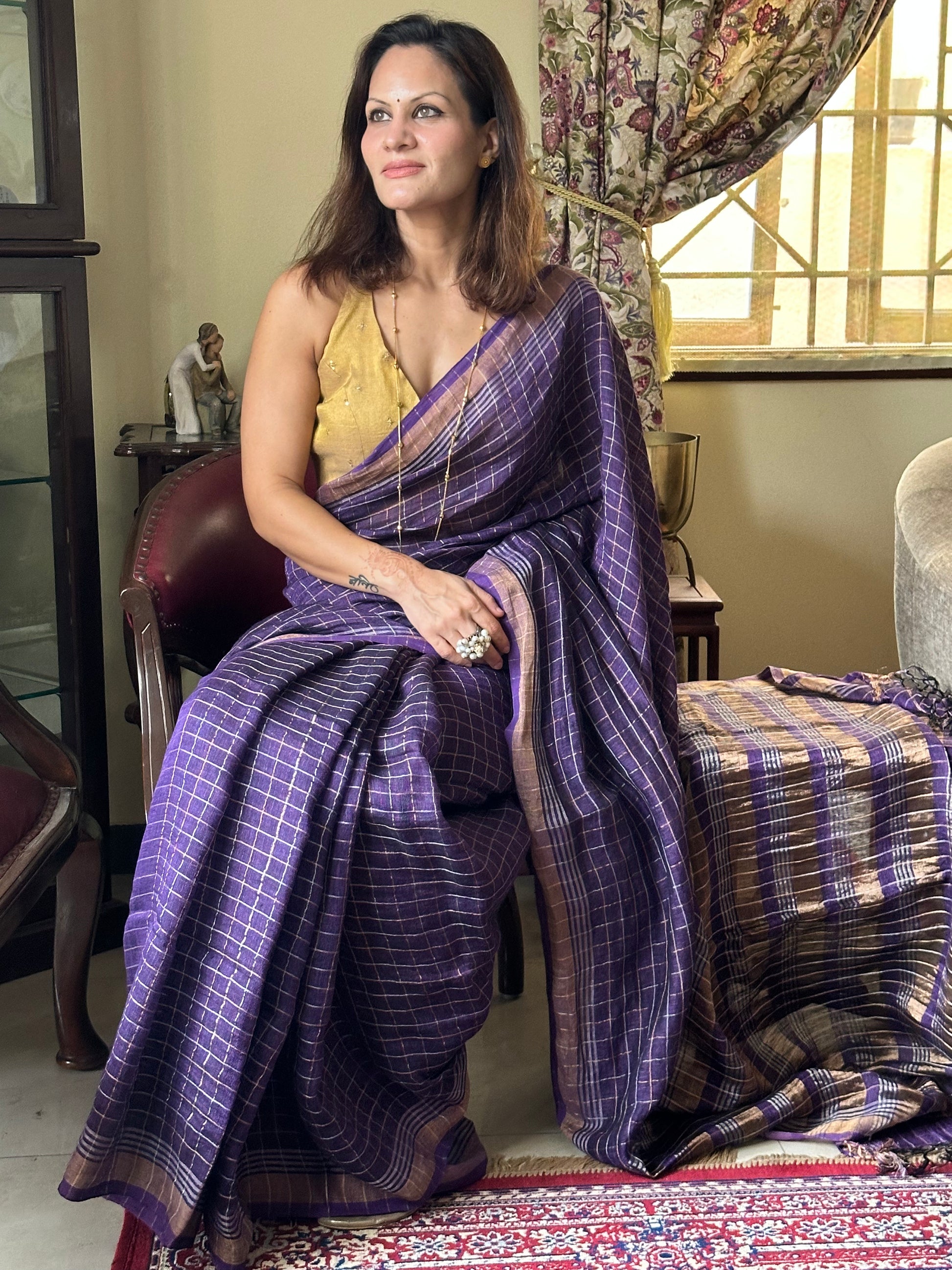 Purple Pure Linen Sari with Silver and Gold Zari Checks - Raahini