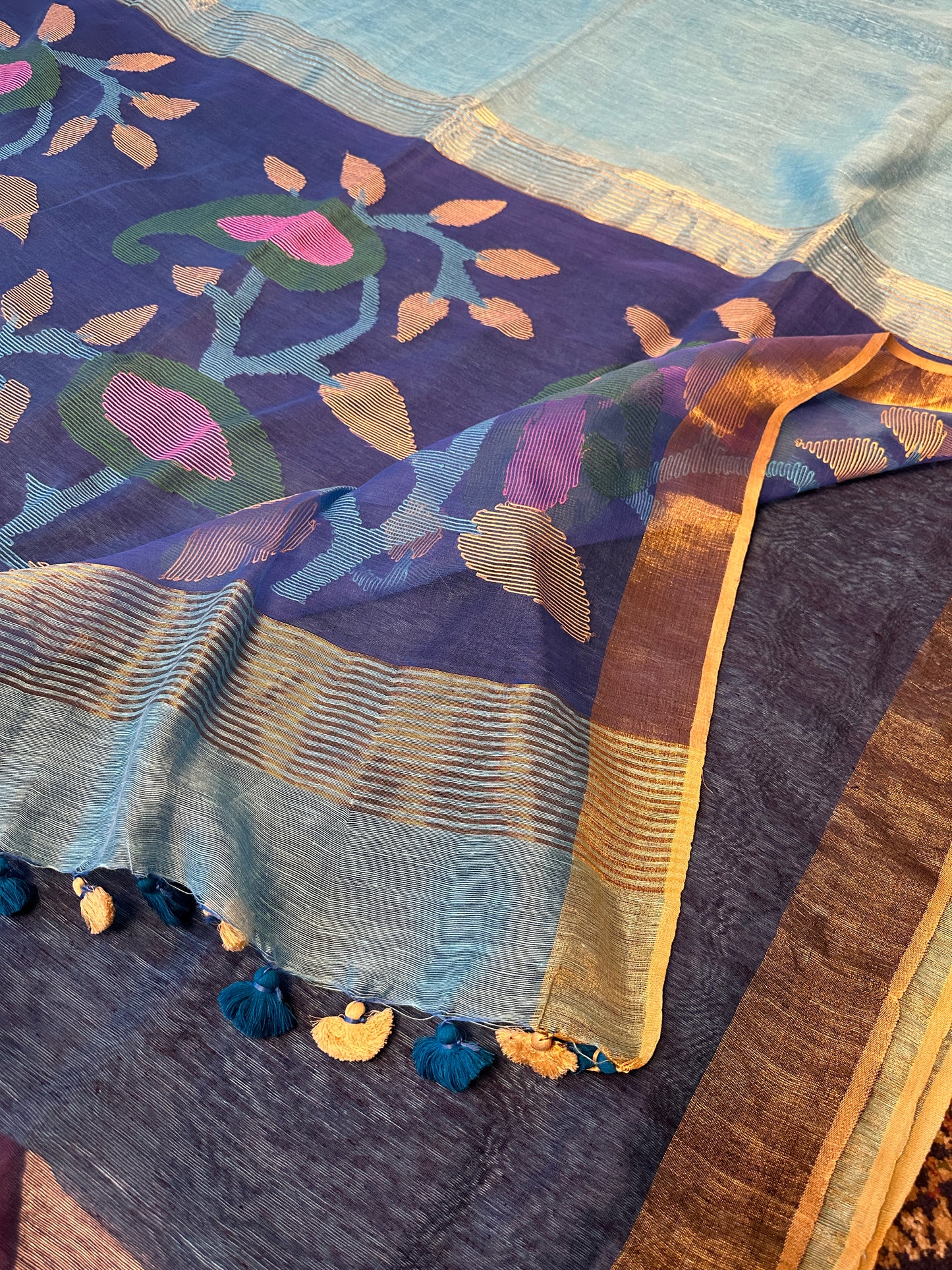 Blue Pure Linen Silk Sari with Muslin Pallu with Intricate Jamdani Work