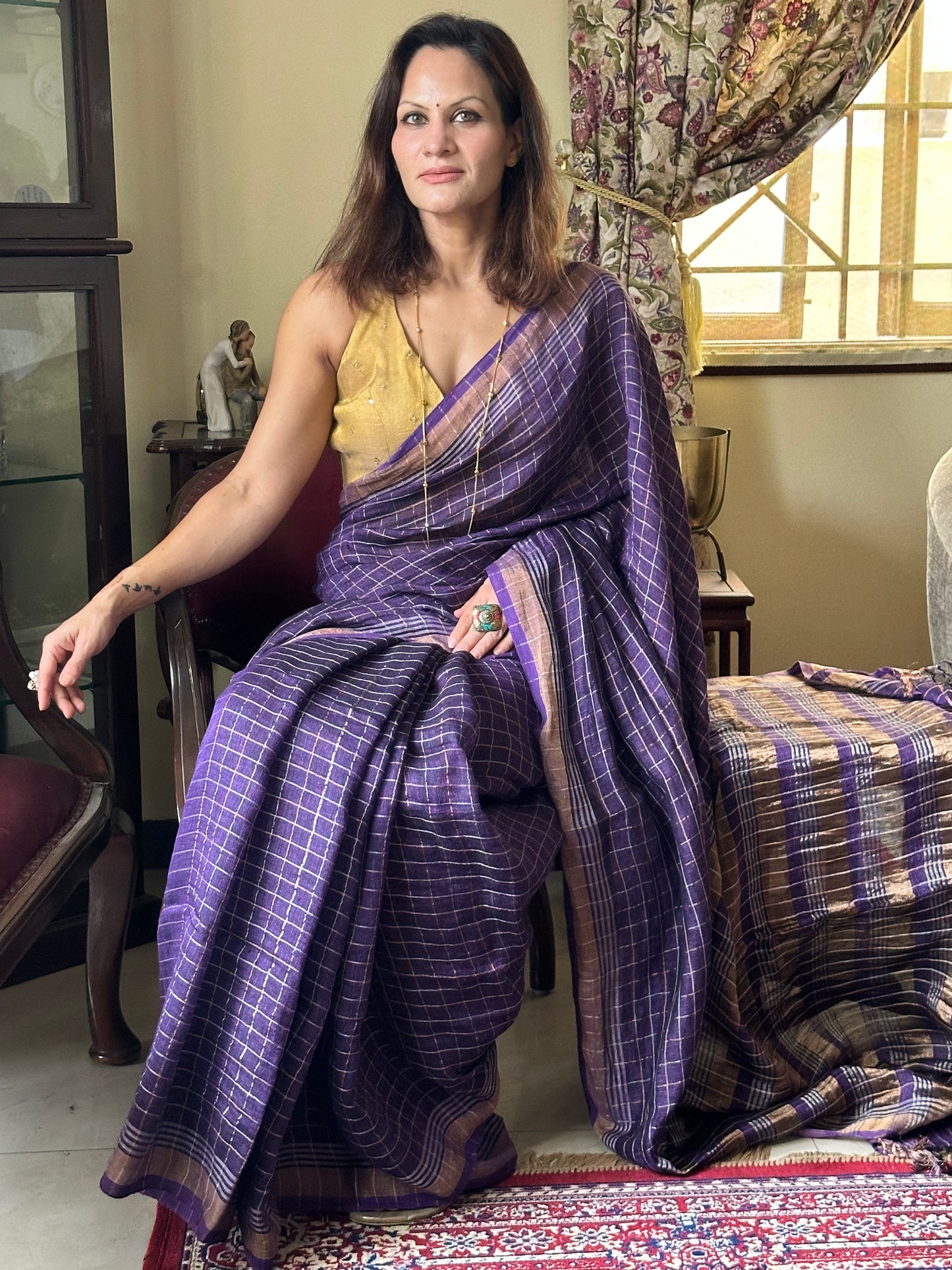 Purple Pure Linen Sari with Silver and Gold Zari Checks - Raahini