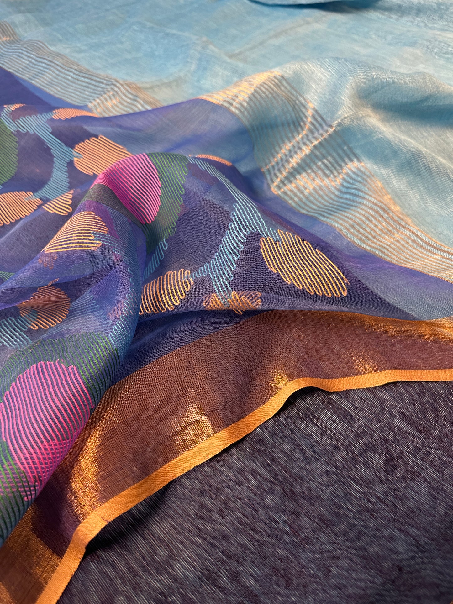 Blue Pure Linen Silk Sari with Muslin Pallu with Intricate Jamdani Work