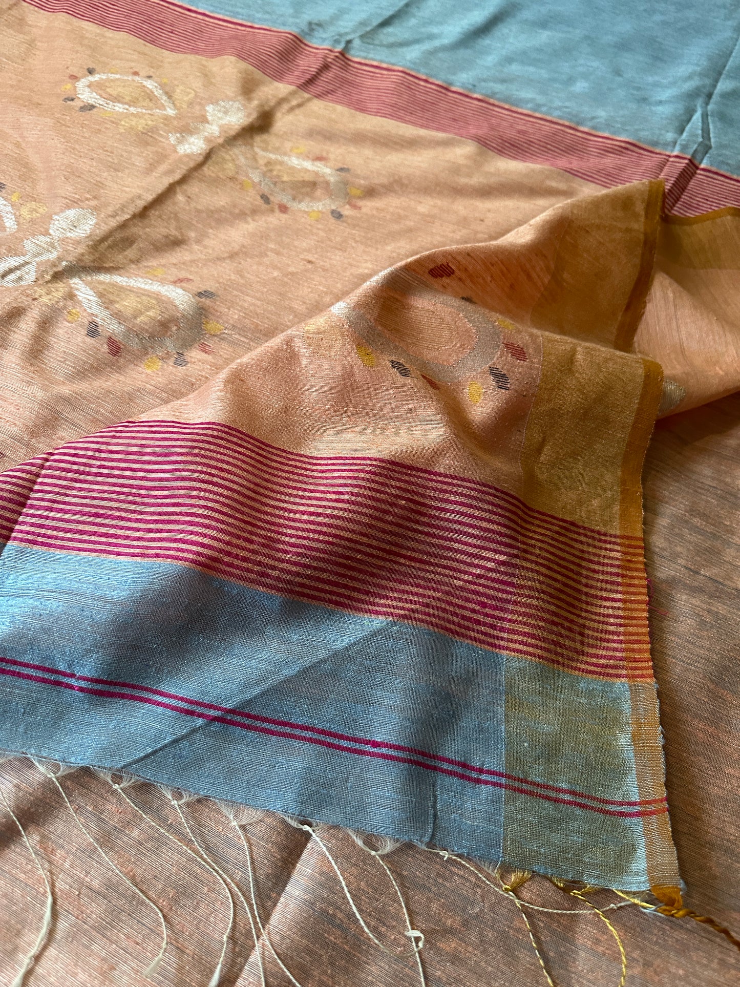 Blue Matka Silk Saree with Peach Contrast Pallu & Jamdani Hand Work