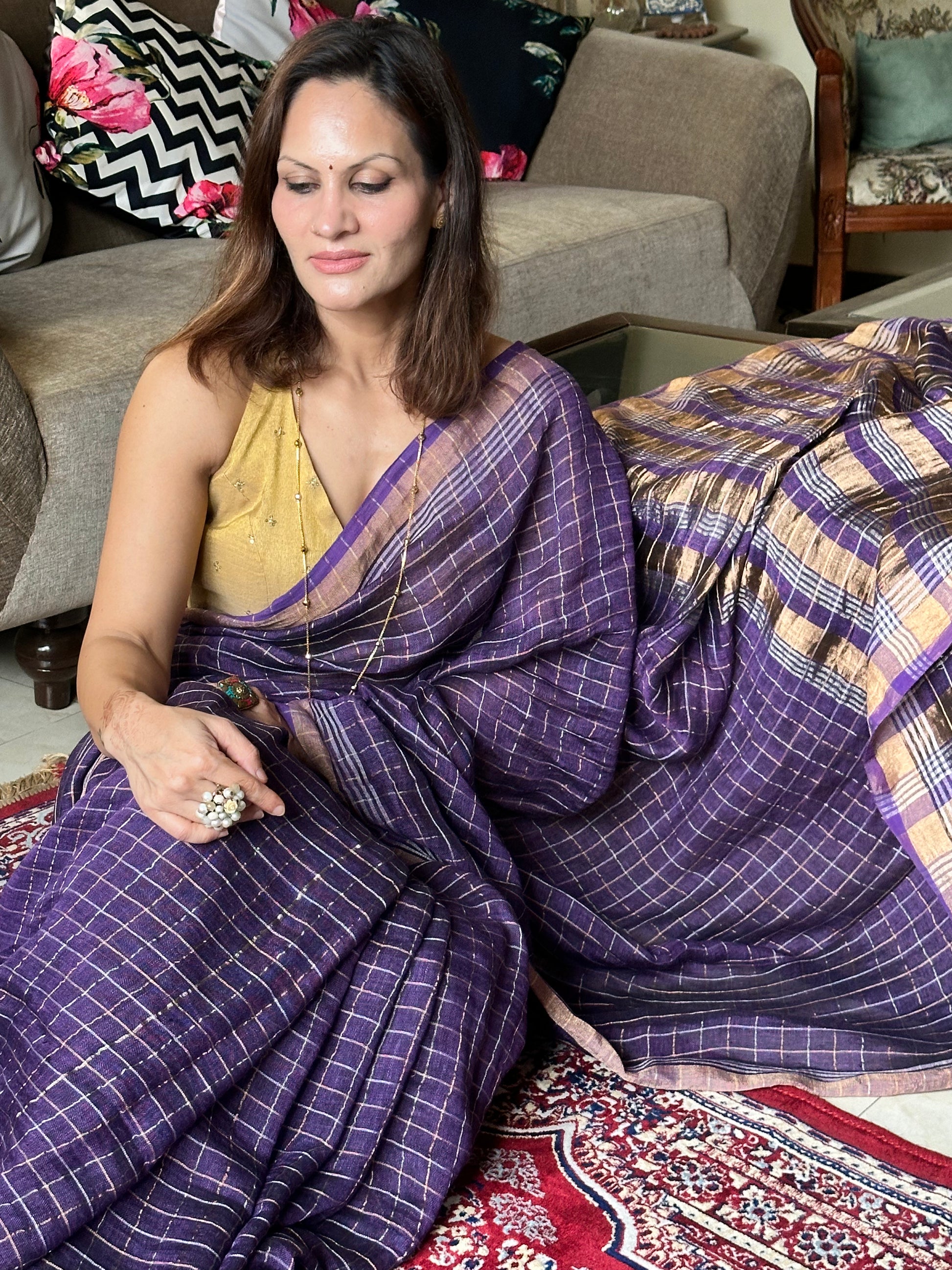 Purple Pure Linen Sari with Silver and Gold Zari Checks - Raahini