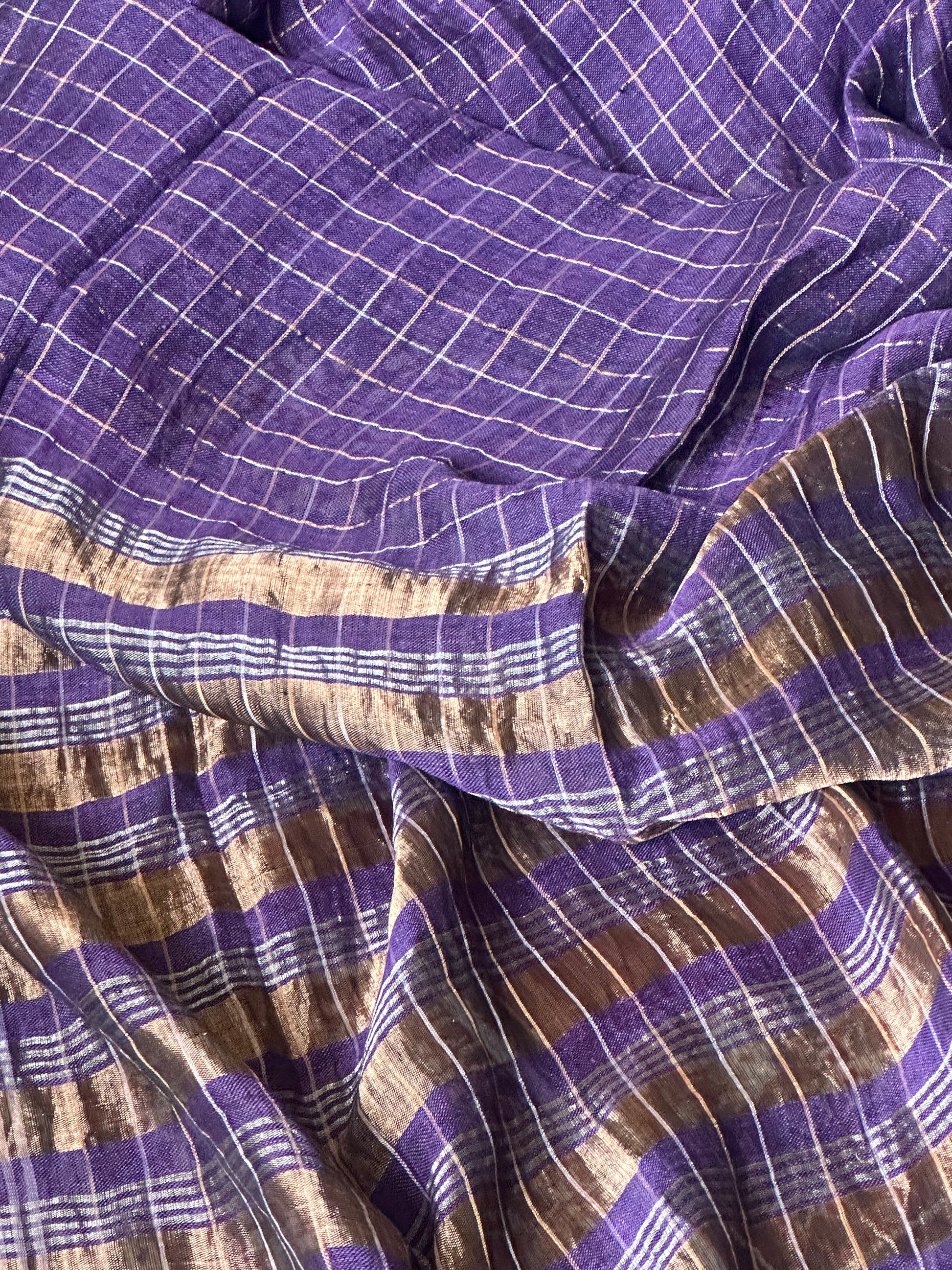 Purple Pure Linen Sari with Silver and Gold Zari Checks - Raahini