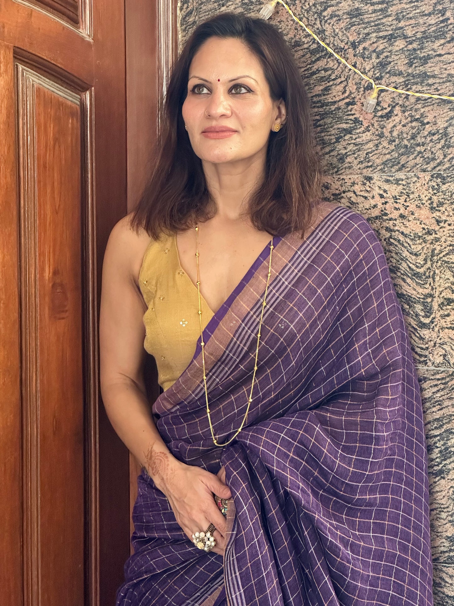 Purple Pure Linen Sari with Silver and Gold Zari Checks - Raahini