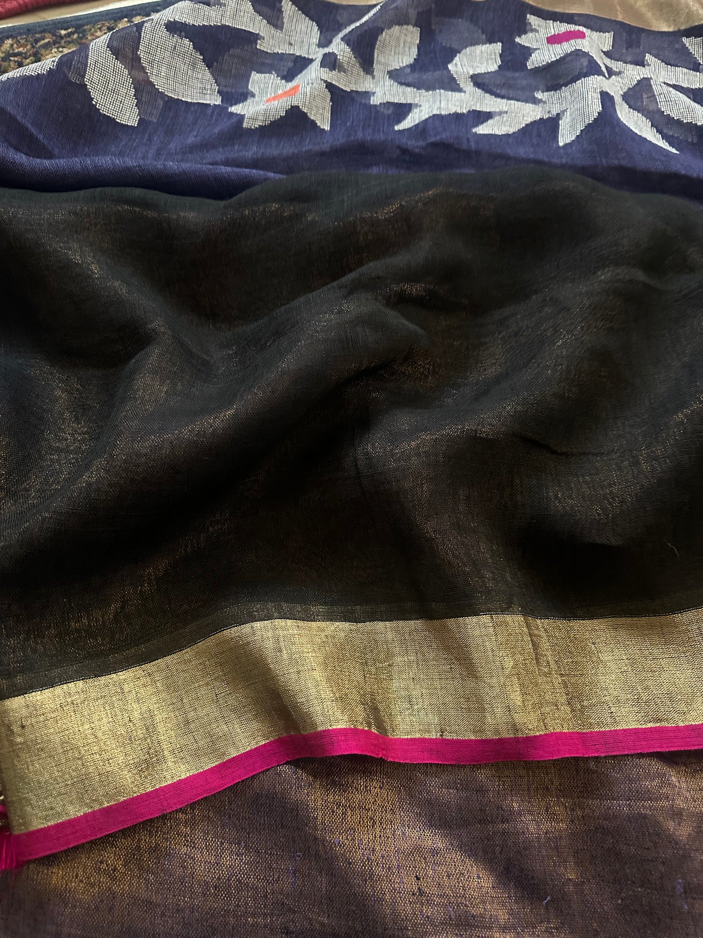 Blue Handloom Pure Linen Jamdani Sari with Contrast Pink, Gold, & Silver Border & Zari Woven Pallu