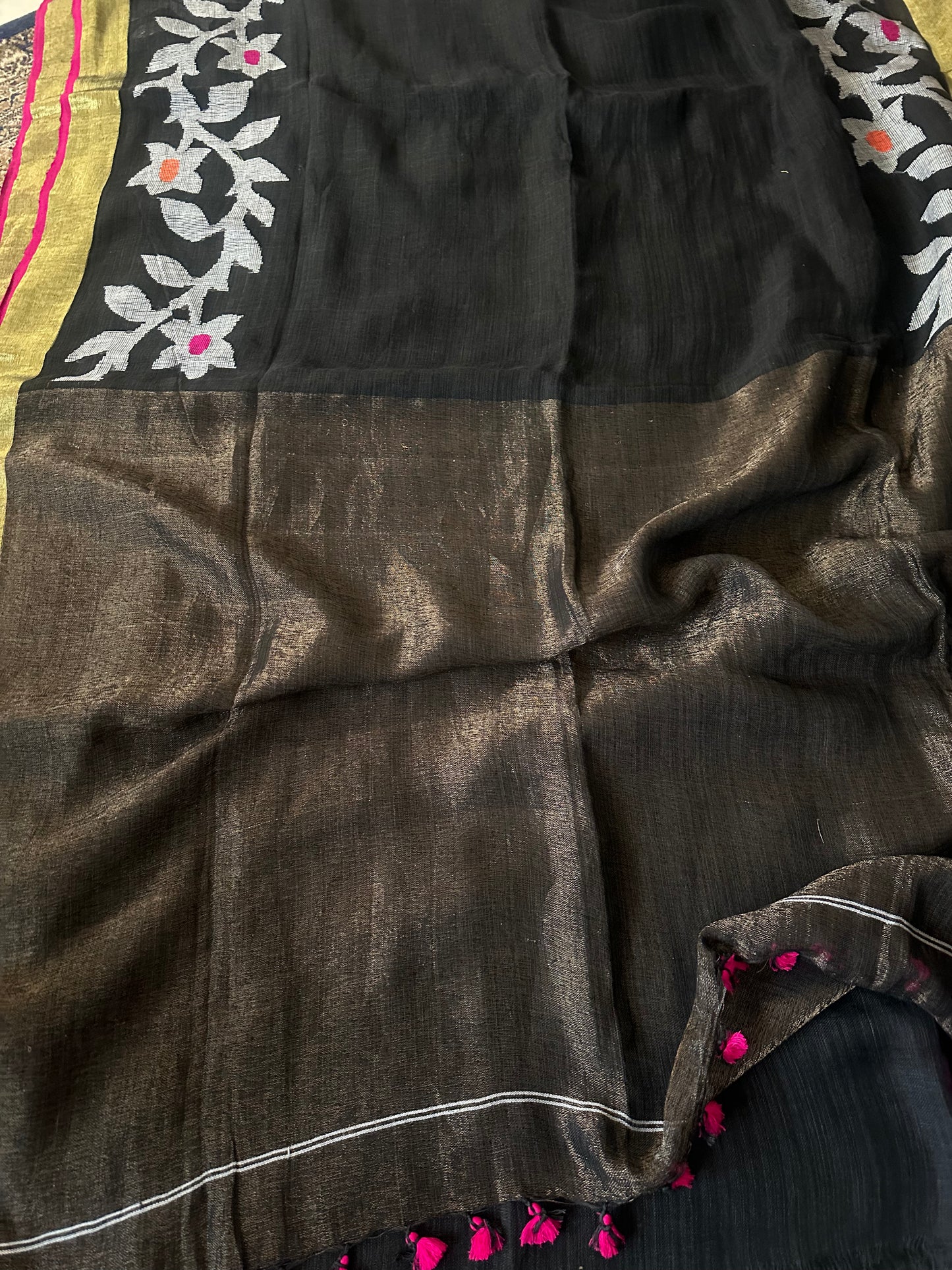 Black Handloom Pure Linen Jamdani Sari with Contrast Pink Border & Zari Woven Pallu