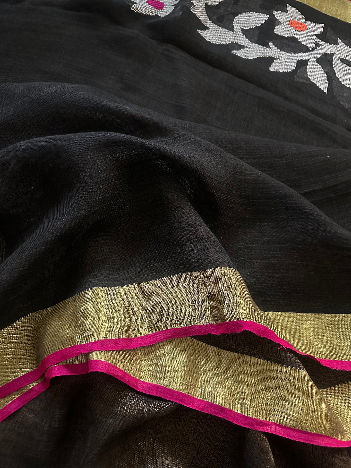 Black Handloom Pure Linen Jamdani Sari with Contrast Pink Border & Zari Woven Pallu