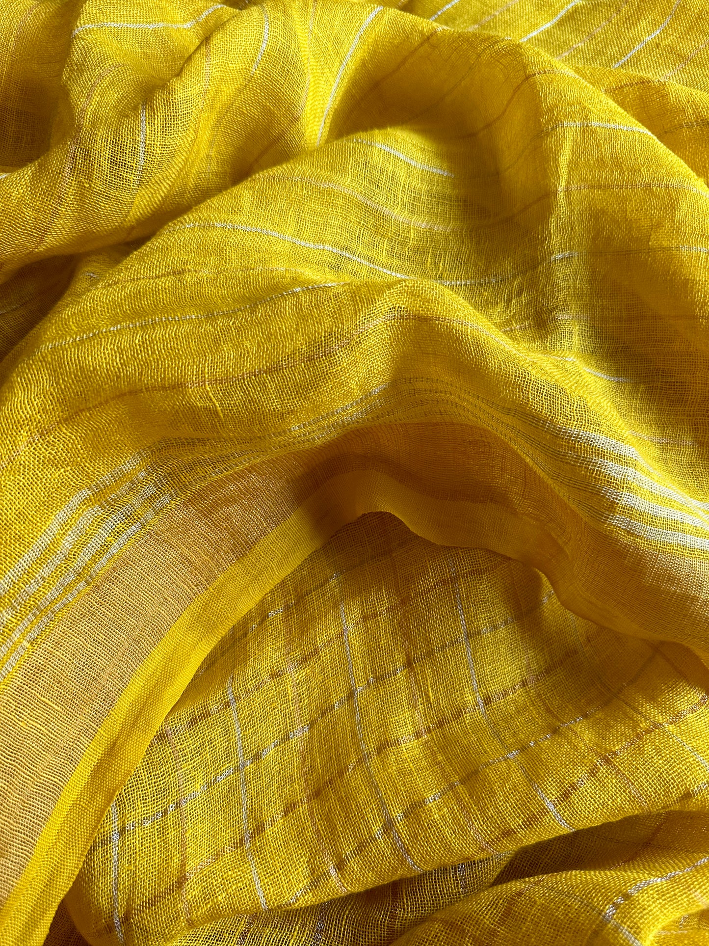 Yellow Pure Linen Sari with Silver and Gold Zari Checks - Raahini