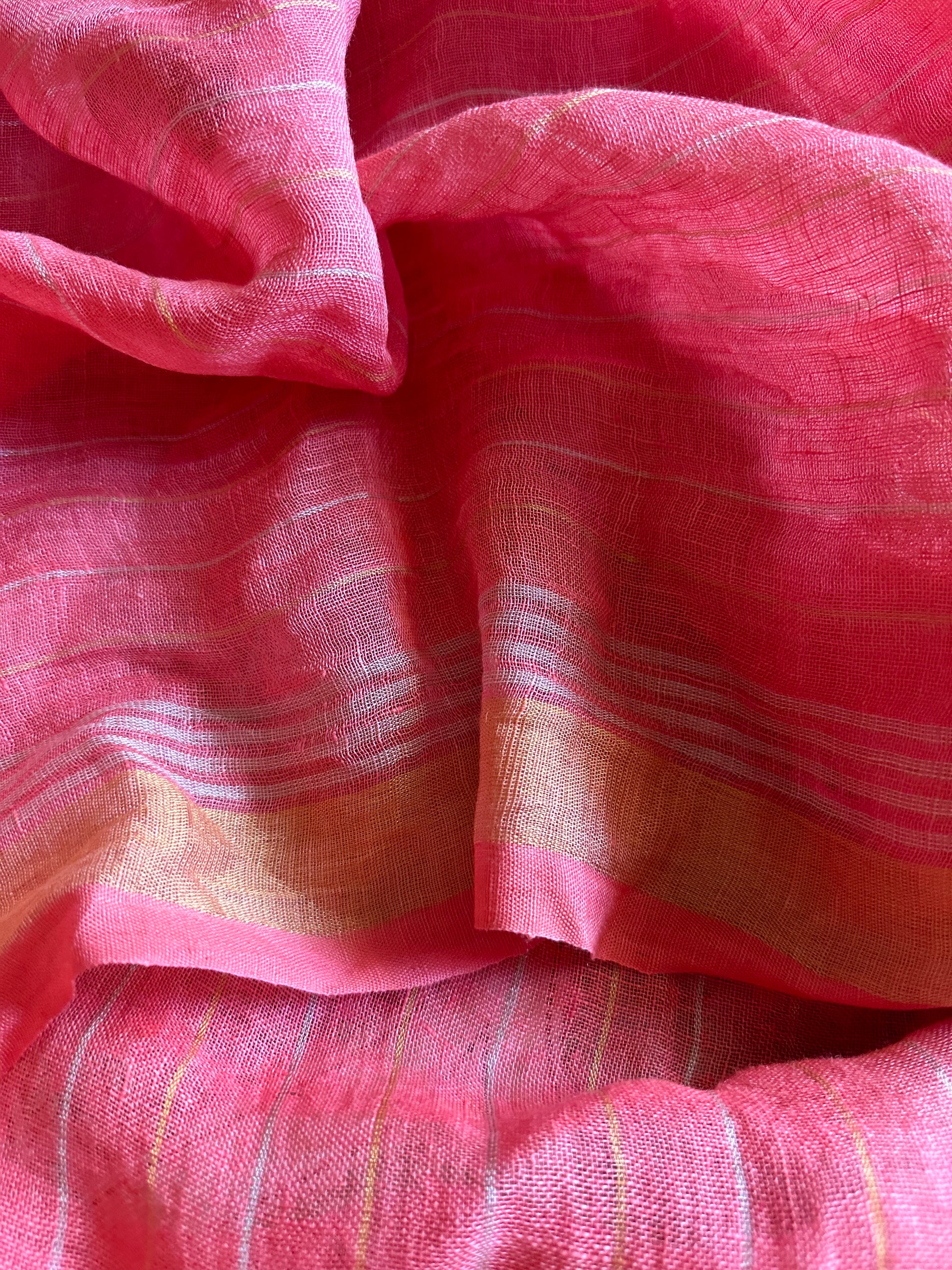 Peach Pure Linen Sari with Silver and Gold Zari Checks - Raahini