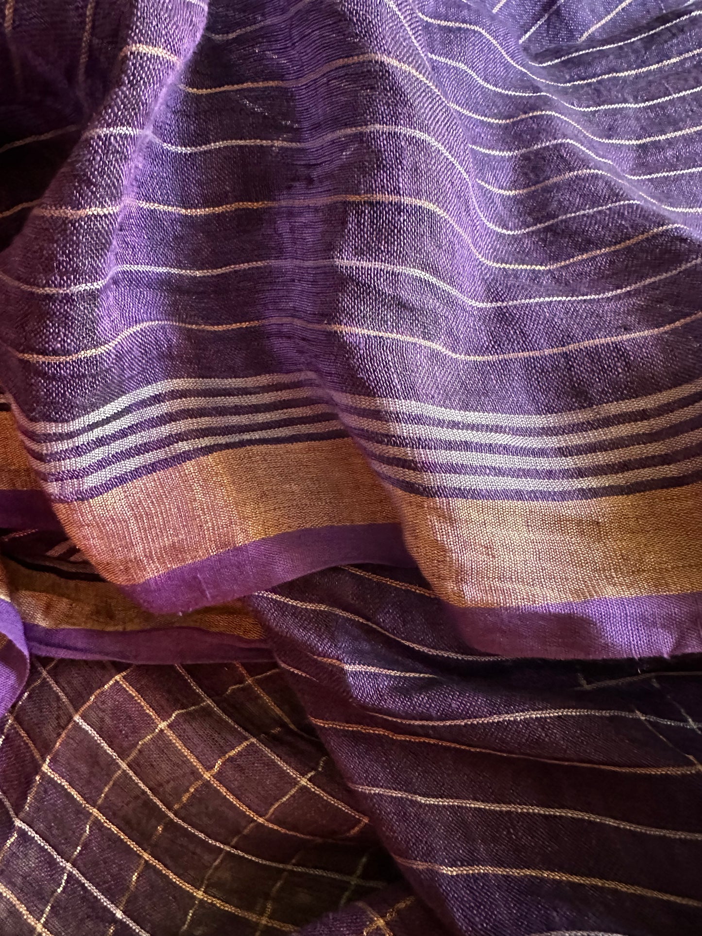 Purple Pure Linen Sari with Silver and Gold Zari Checks - Raahini