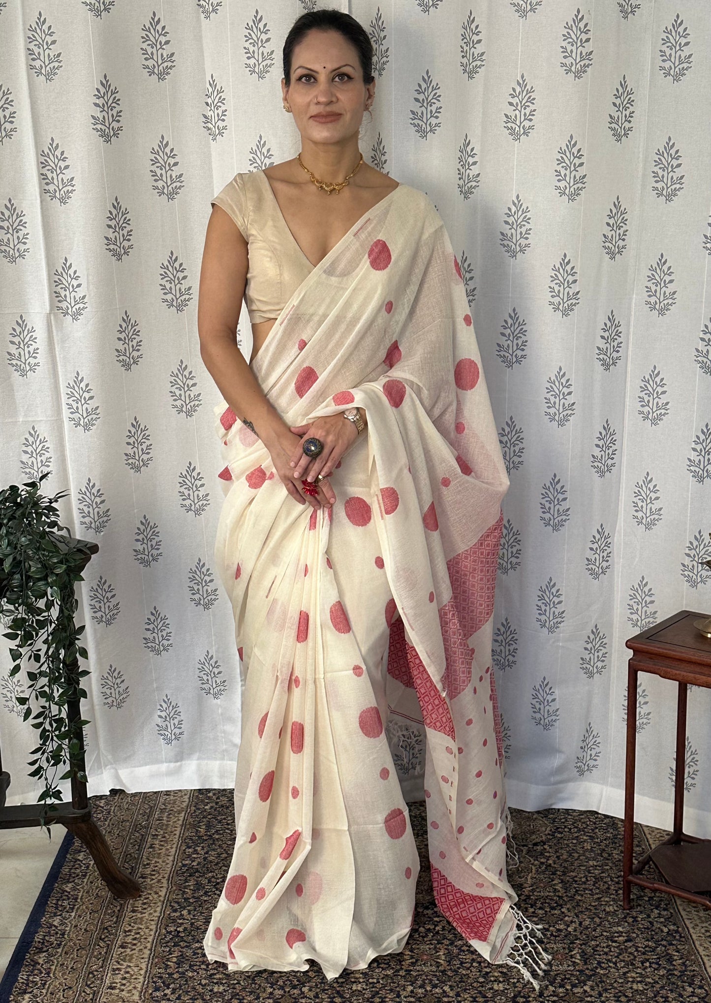 Cream Handloom Soft Cotton Jamdani Sari with Red Woven Polka Dots & Intricate Work Woven Pallu