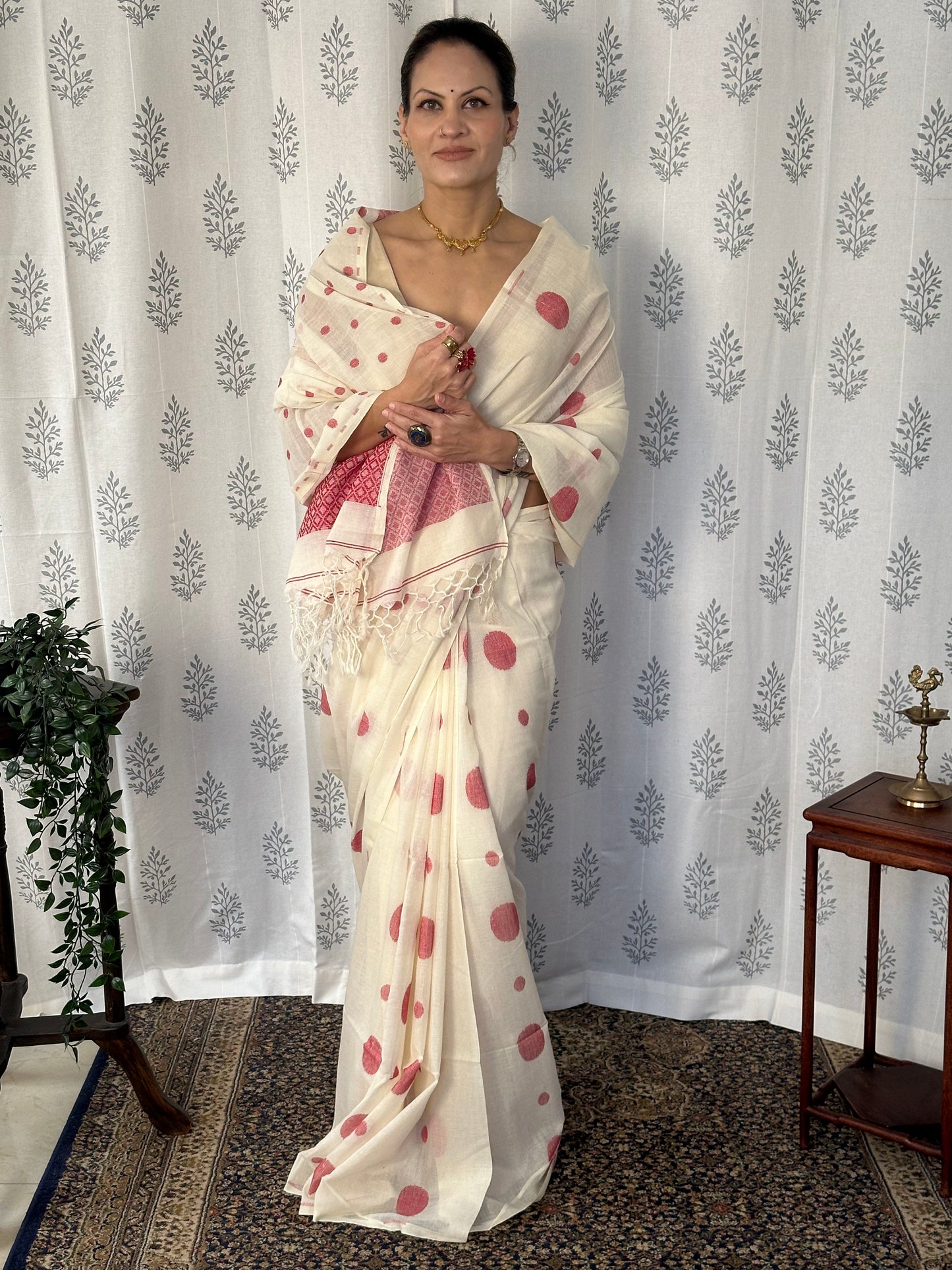 Cream Handloom Soft Cotton Jamdani Sari with Red Woven Polka Dots & Intricate Work Woven Pallu