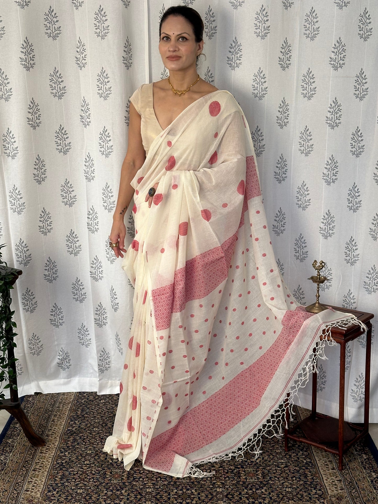 Cream Handloom Soft Cotton Jamdani Sari with Red Woven Polka Dots & Intricate Work Woven Pallu