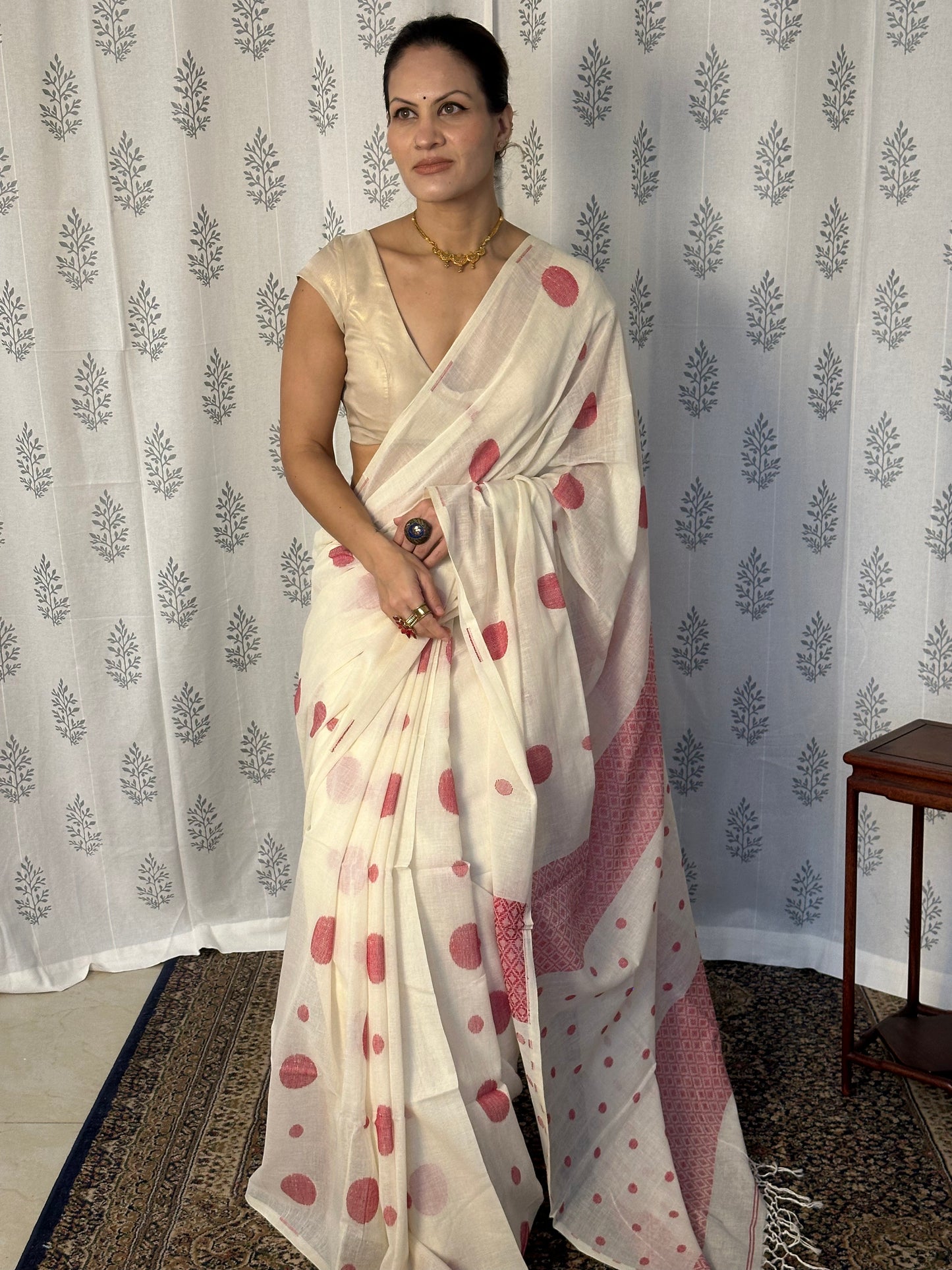 Cream Handloom Soft Cotton Jamdani Sari with Red Woven Polka Dots & Intricate Work Woven Pallu