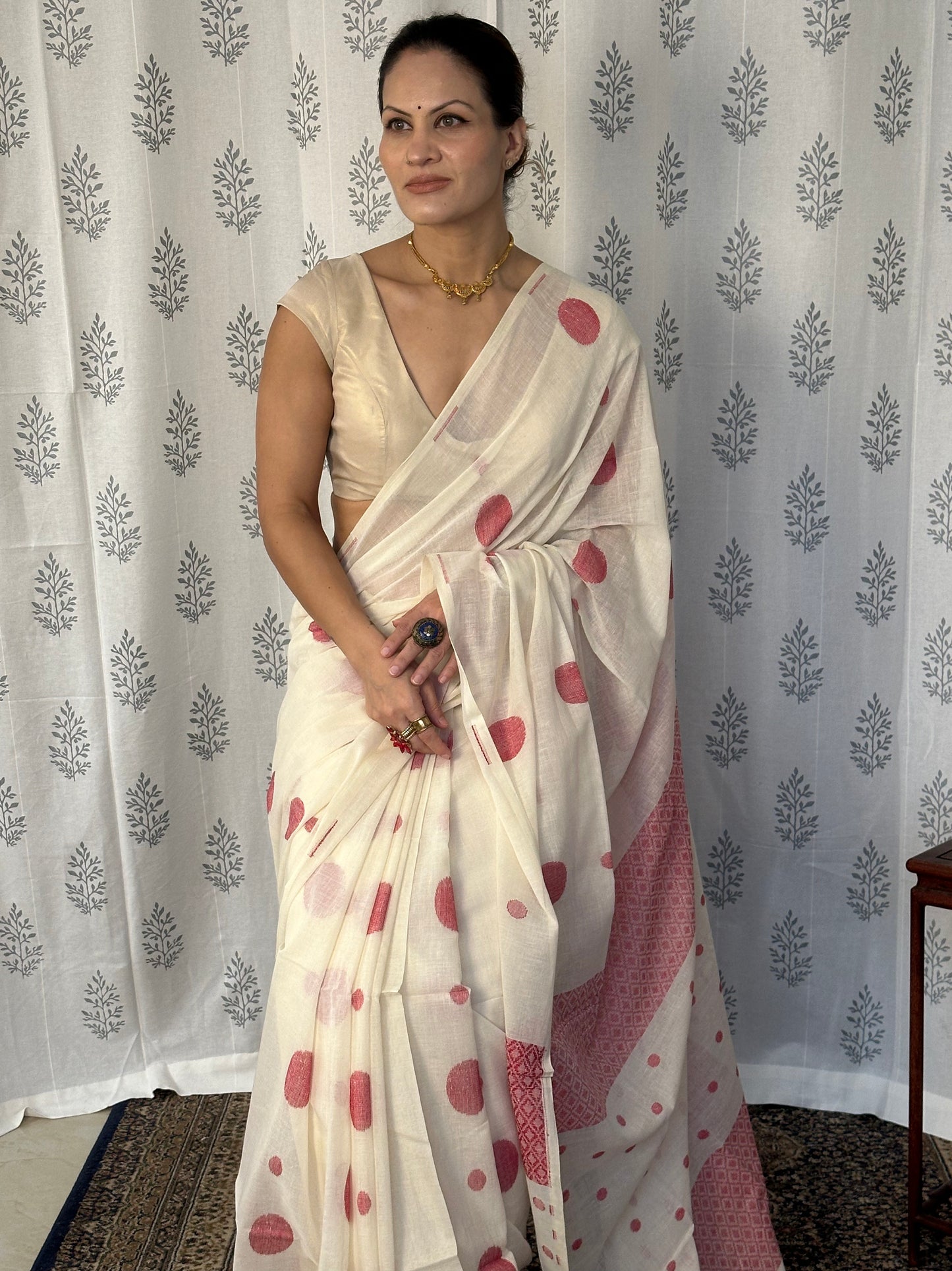 Cream Handloom Soft Cotton Jamdani Sari with Red Woven Polka Dots & Intricate Work Woven Pallu