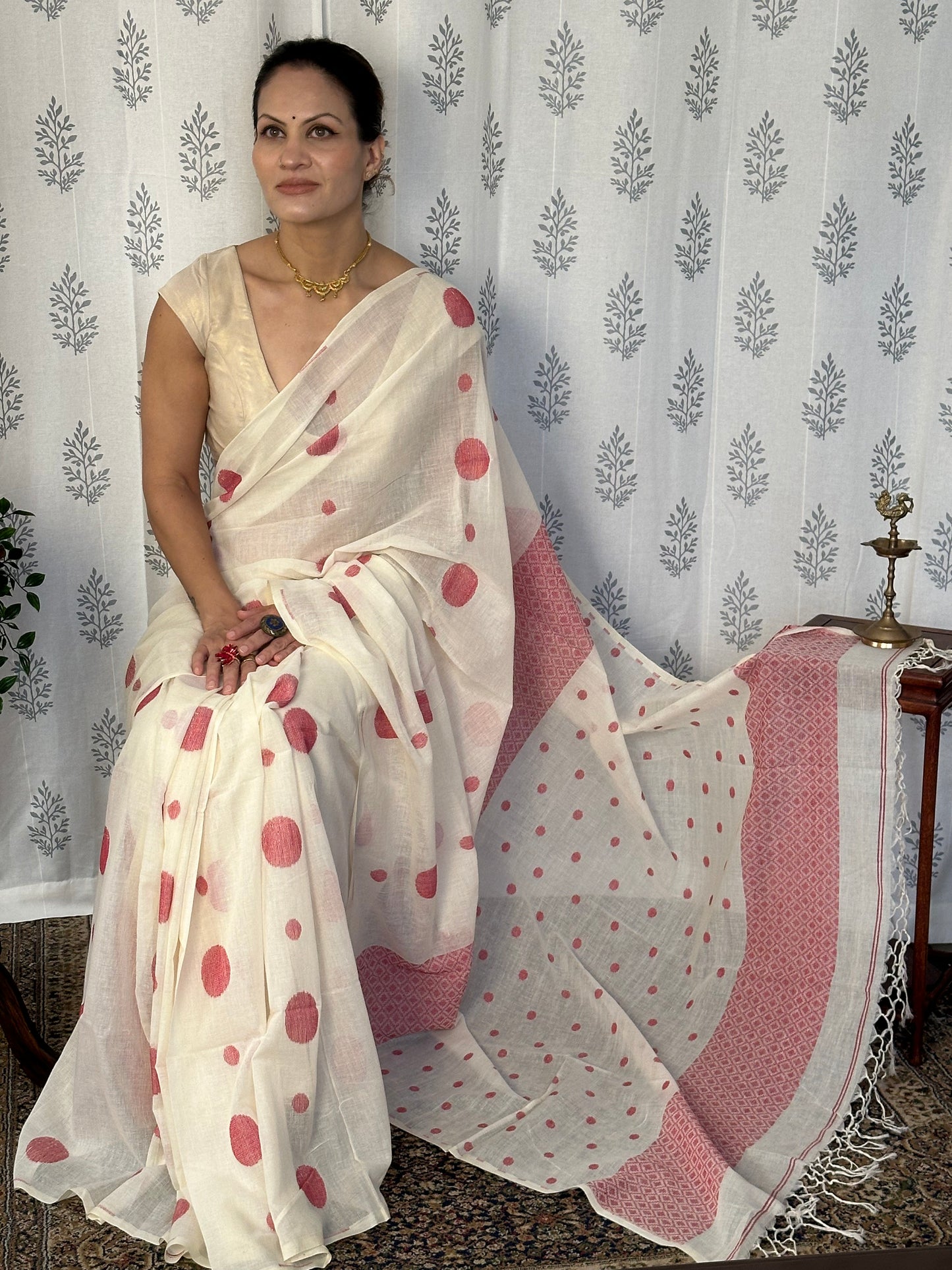 Cream Handloom Soft Cotton Jamdani Sari with Red Woven Polka Dots & Intricate Work Woven Pallu