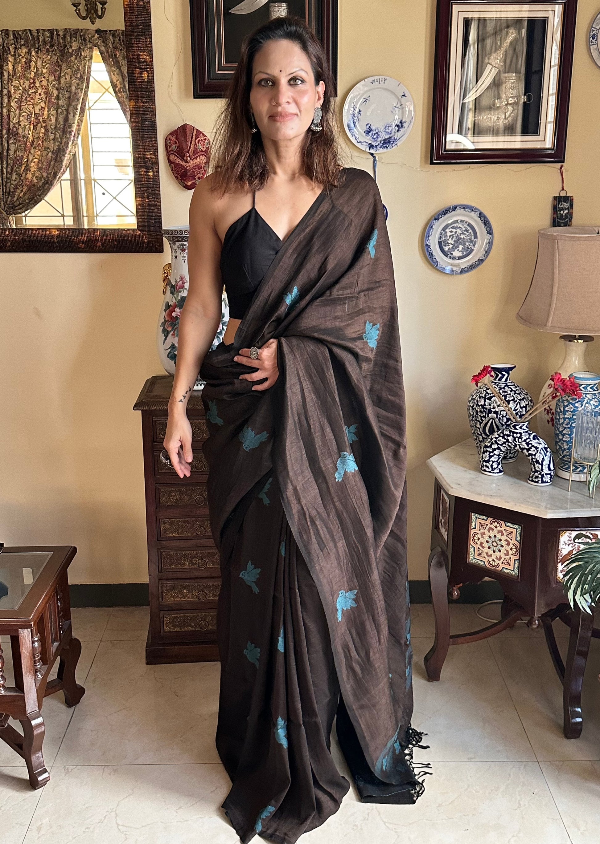 Pure Linen Cotton Jamdani with Woven Intricate Birds - Raahini