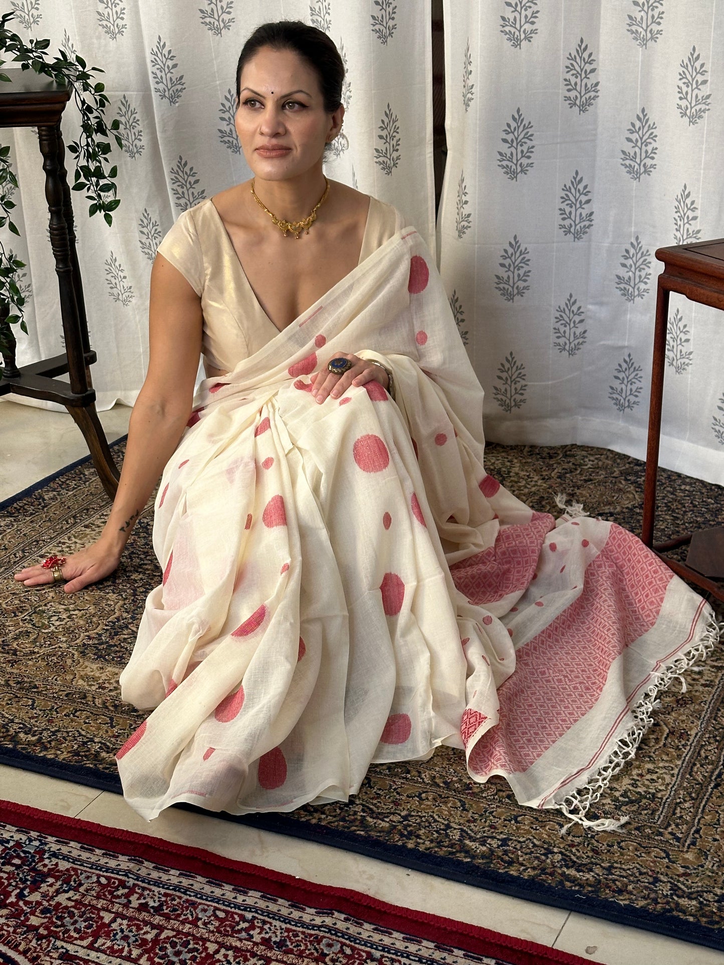 Cream Handloom Soft Cotton Jamdani Sari with Red Woven Polka Dots & Intricate Work Woven Pallu