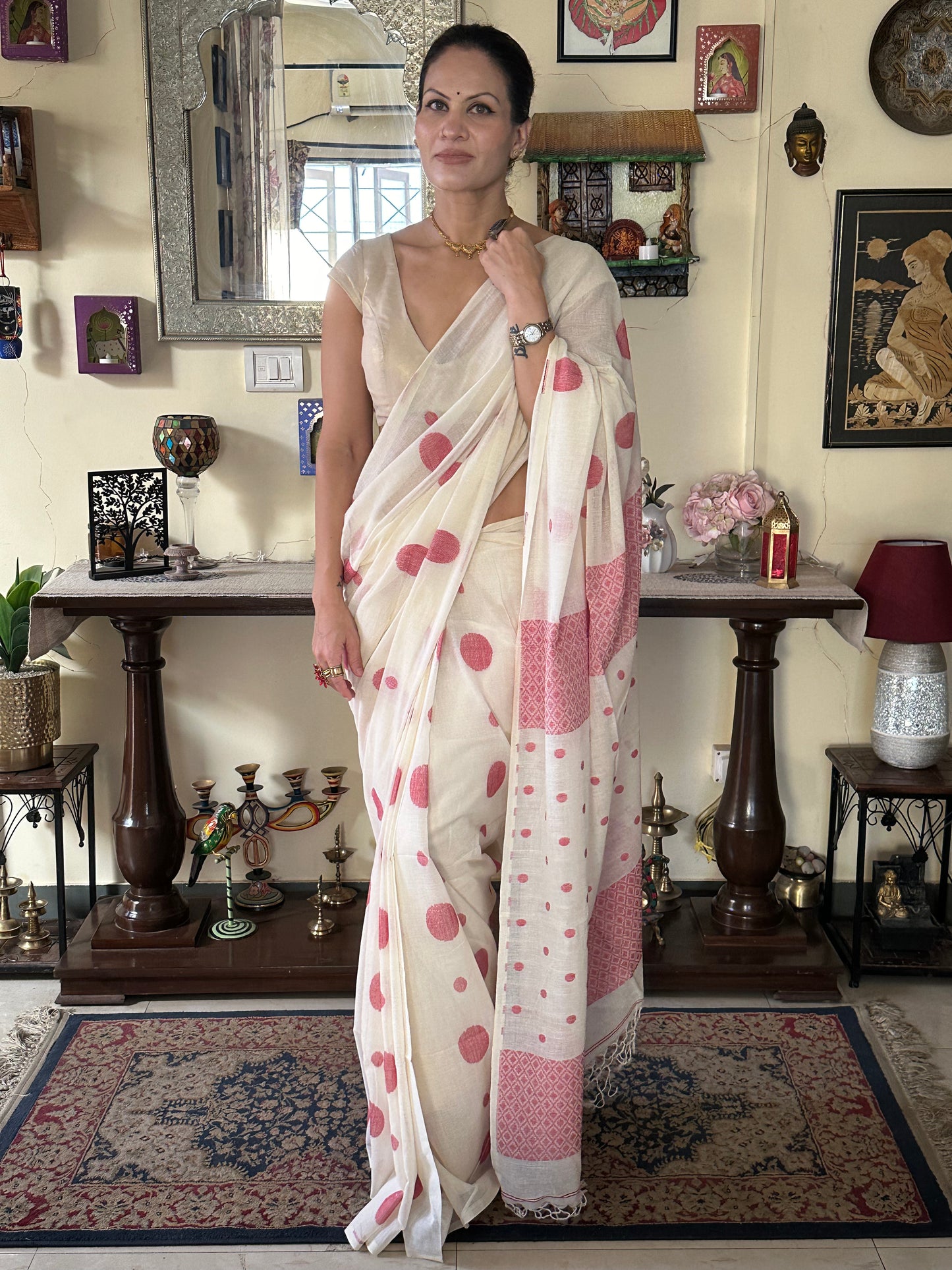 Cream Handloom Soft Cotton Jamdani Sari with Red Woven Polka Dots & Intricate Work Woven Pallu