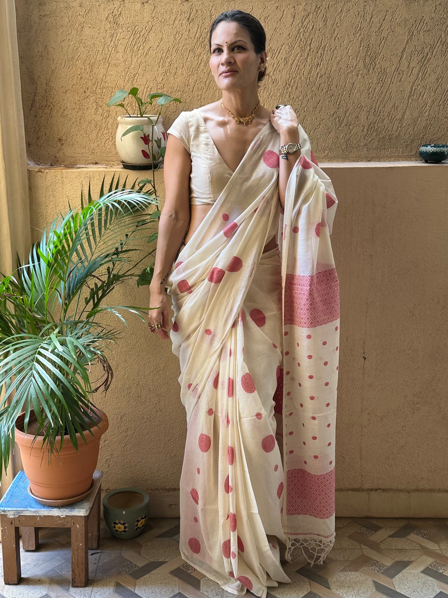 Cream Handloom Soft Cotton Jamdani Sari with Red Woven Polka Dots & Intricate Work Woven Pallu