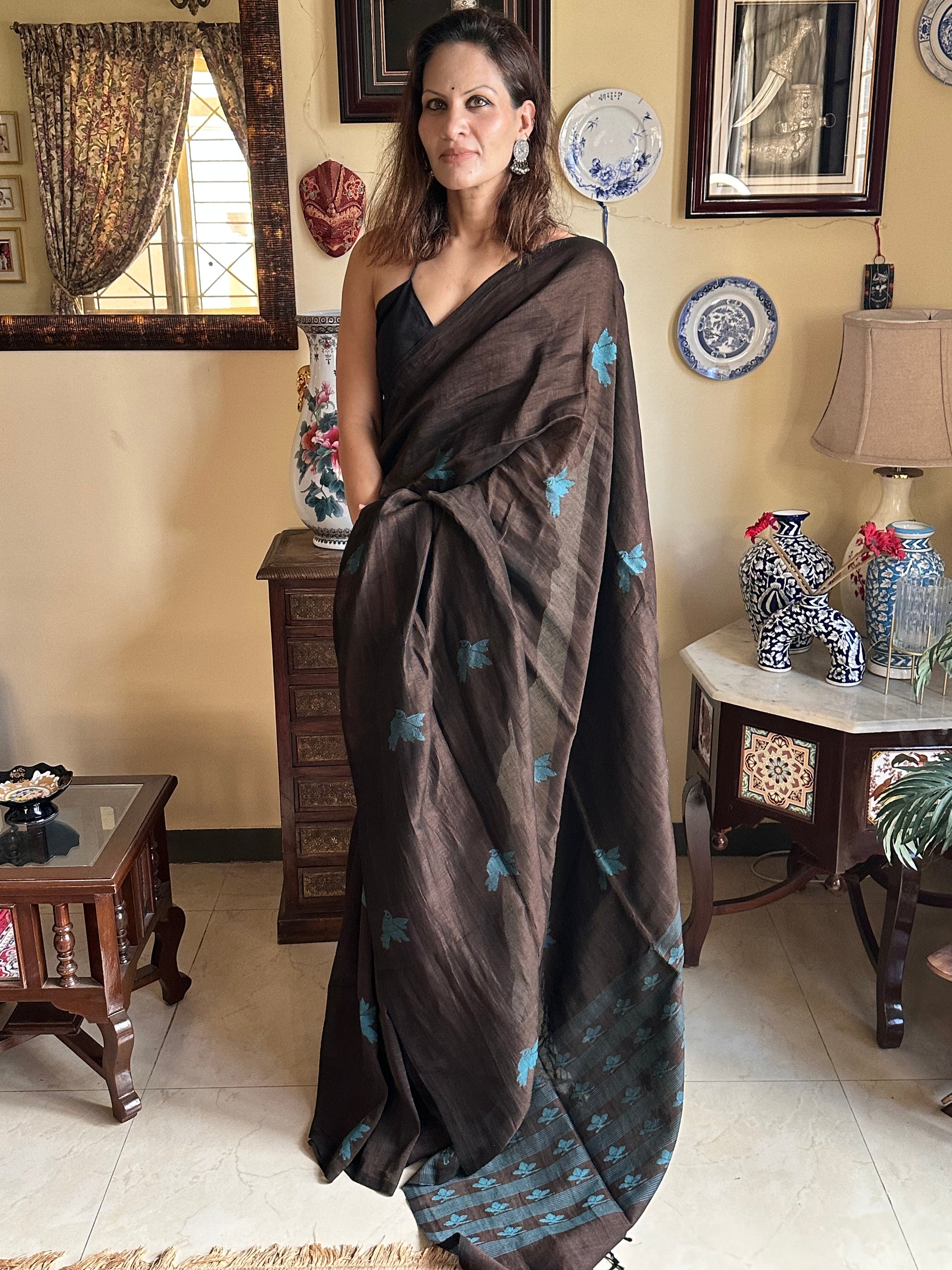 Pure Linen Cotton Jamdani with Woven Intricate Birds - Raahini