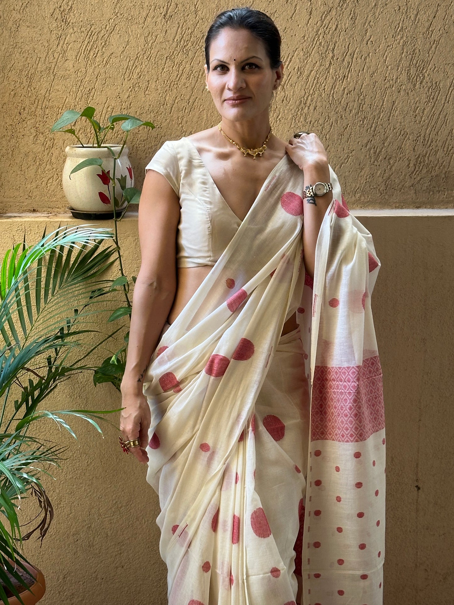 Cream Handloom Soft Cotton Jamdani Sari with Red Woven Polka Dots & Intricate Work Woven Pallu