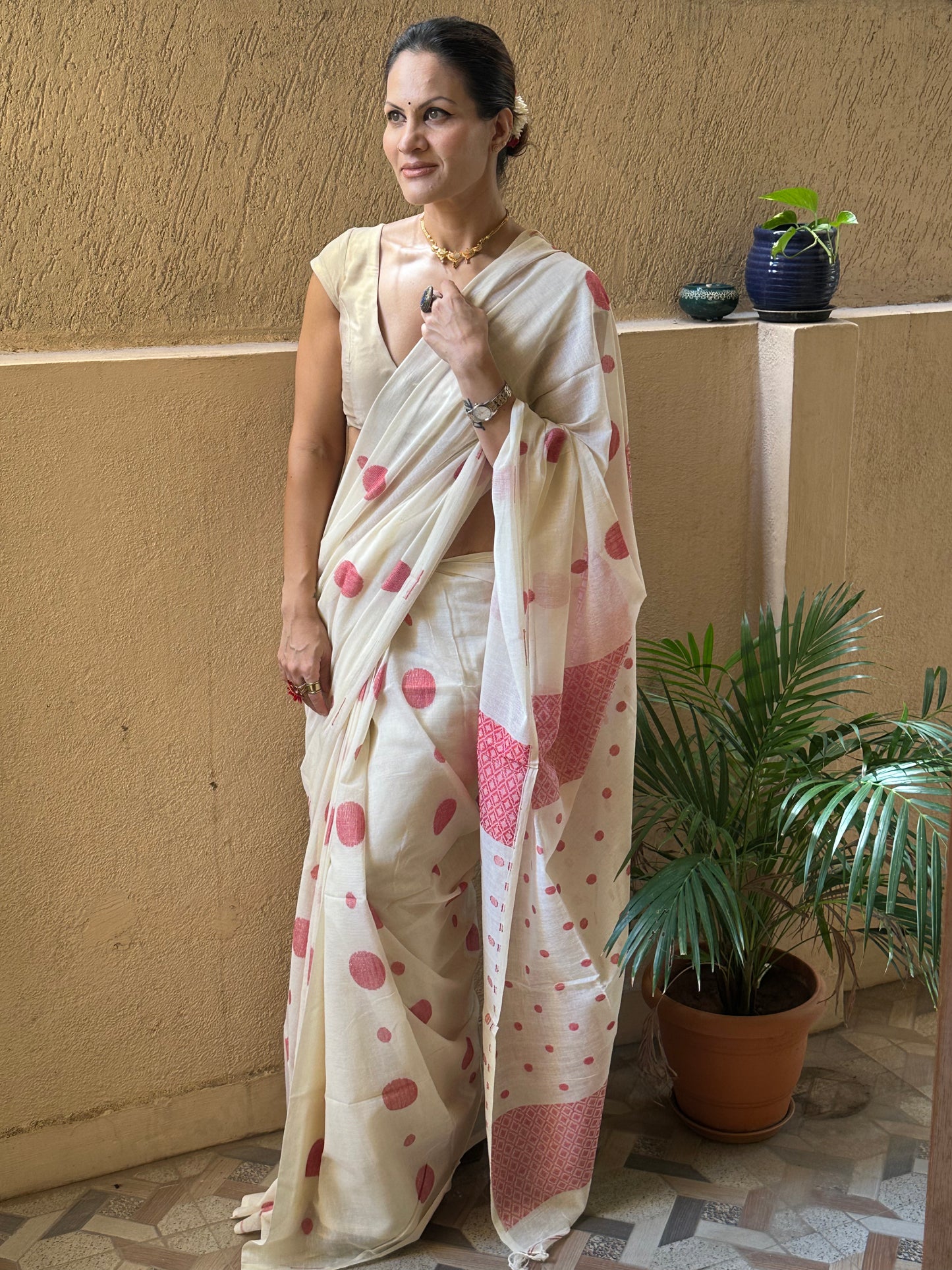 Cream Handloom Soft Cotton Jamdani Sari with Red Woven Polka Dots & Intricate Work Woven Pallu