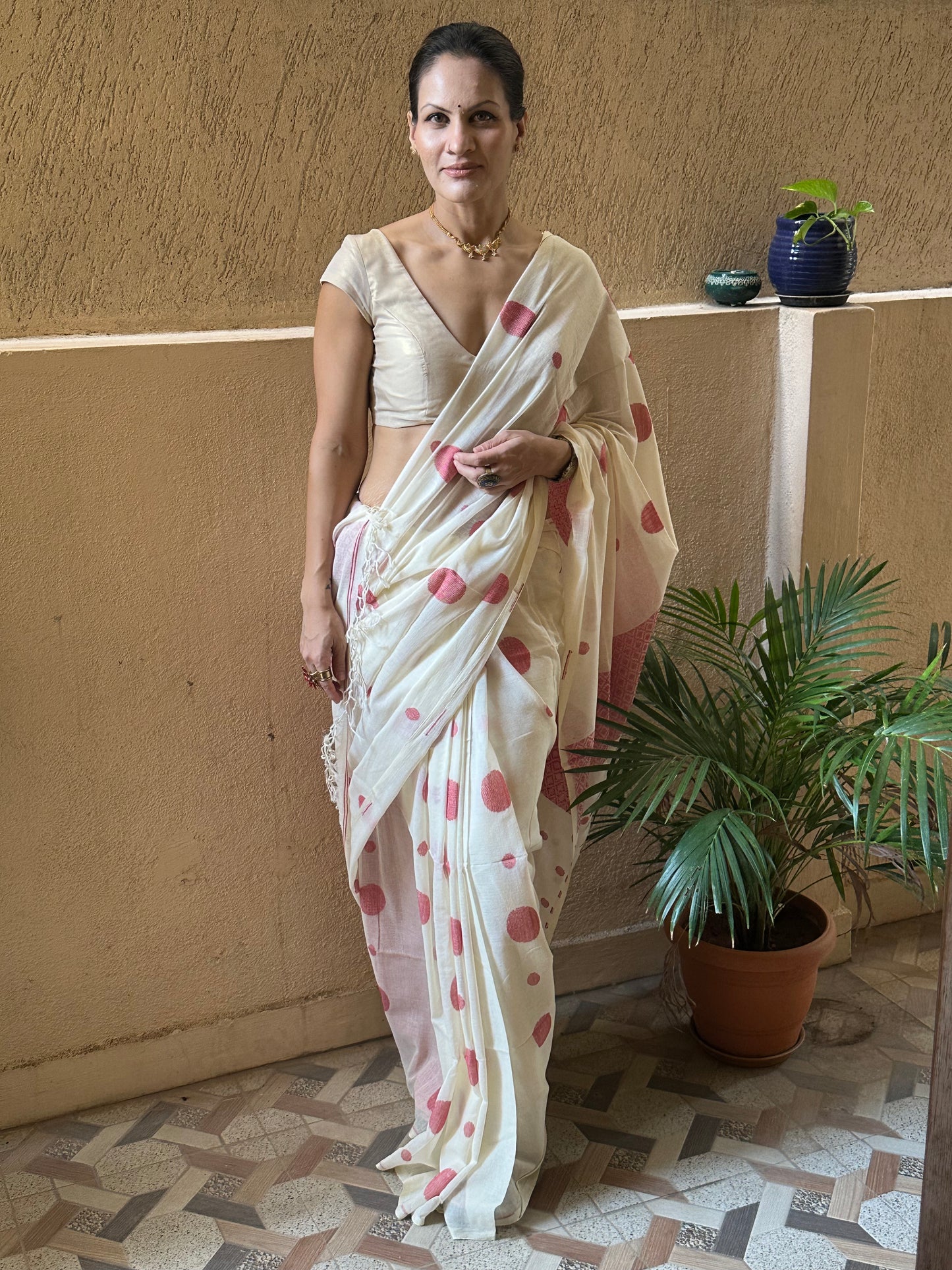 Cream Handloom Soft Cotton Jamdani Sari with Red Woven Polka Dots & Intricate Work Woven Pallu