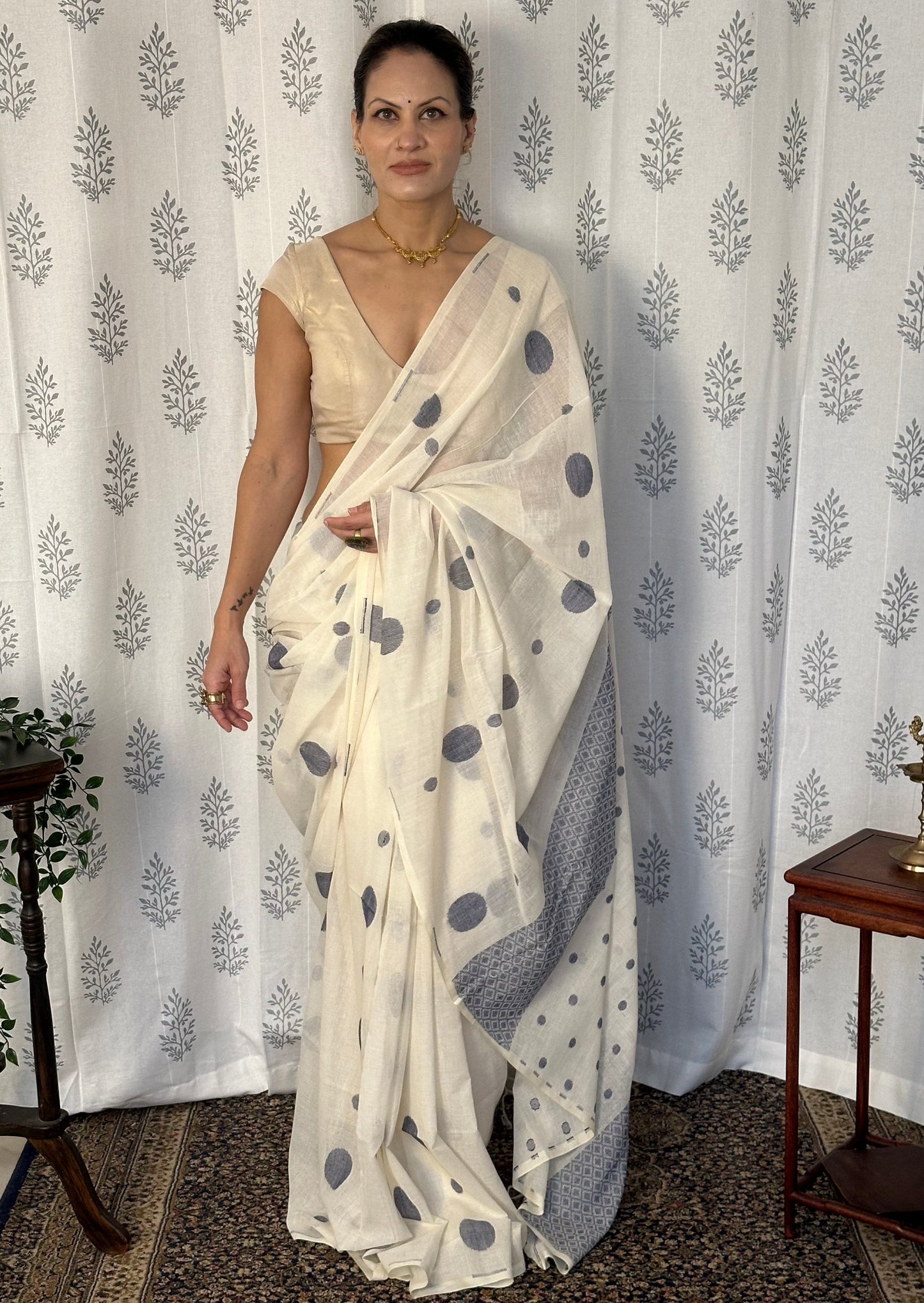 Cream Handloom Soft Cotton Jamdani Sari with Blue Woven Polka Dots & Intricate Work Woven Pallu