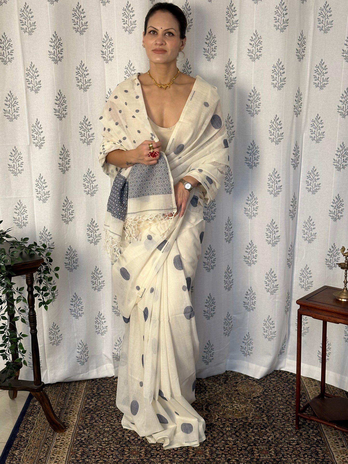 Cream Handloom Soft Cotton Jamdani Sari with Blue Woven Polka Dots & Intricate Work Woven Pallu