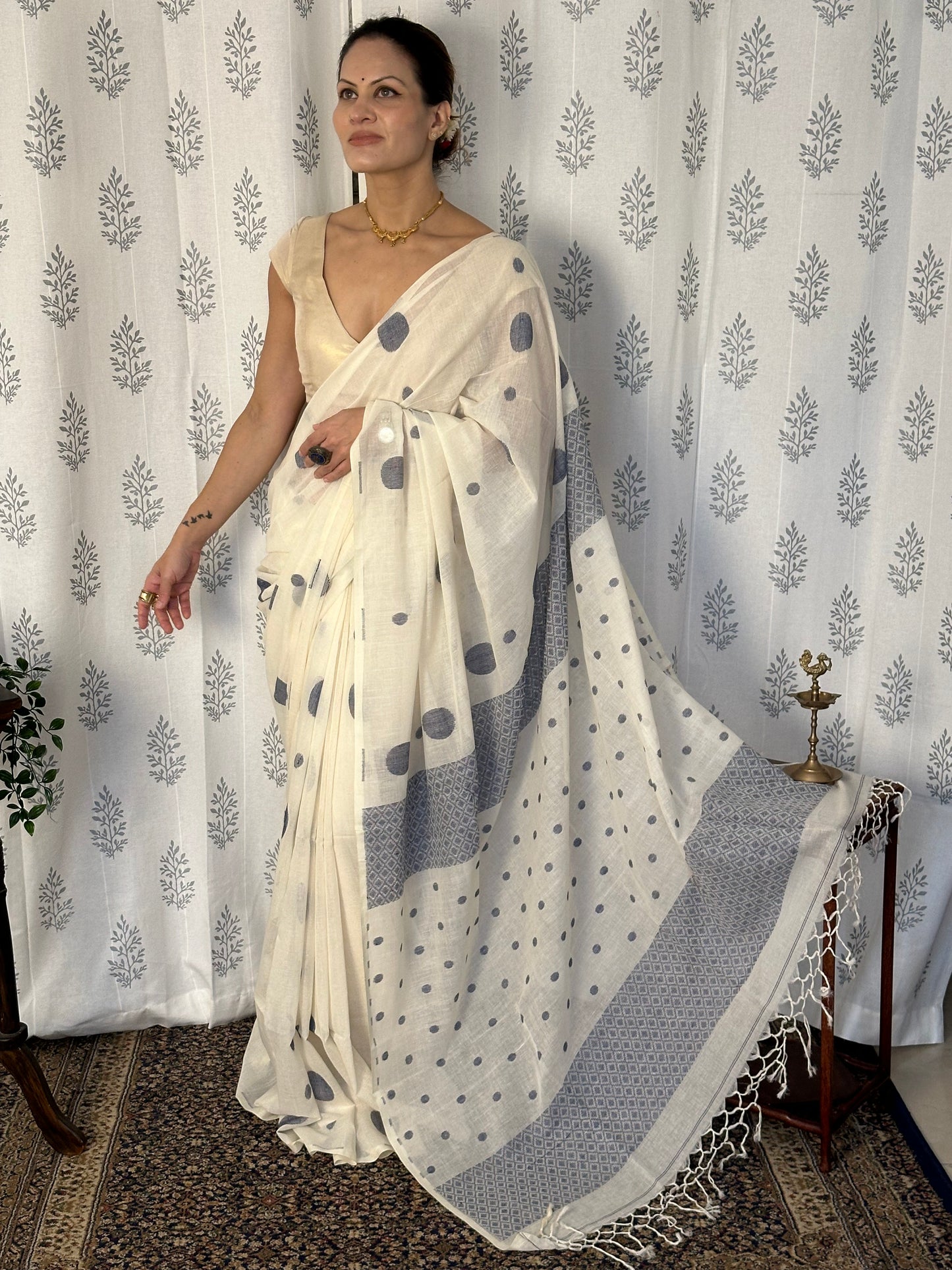 Cream Handloom Soft Cotton Jamdani Sari with Blue Woven Polka Dots & Intricate Work Woven Pallu