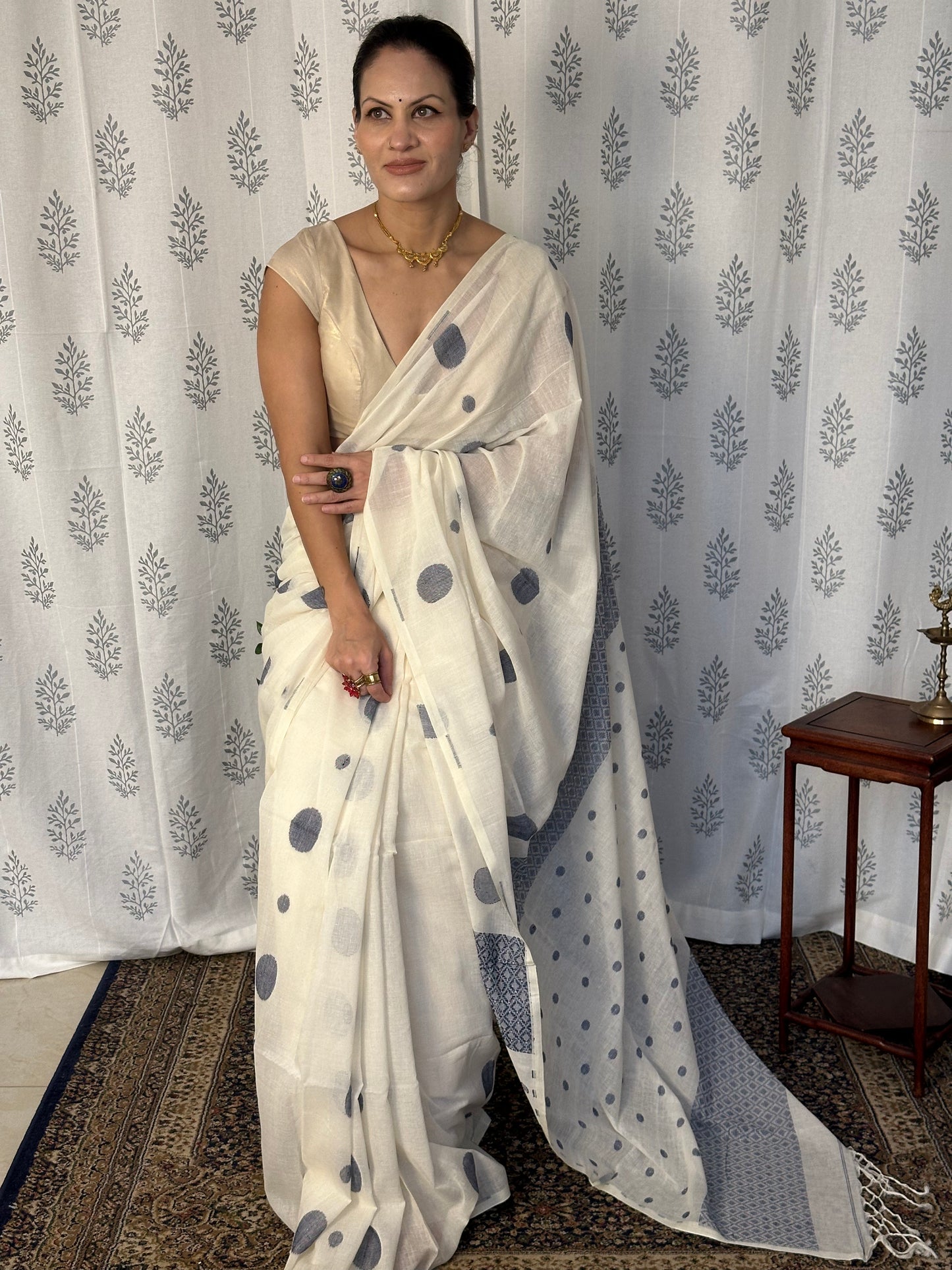 Cream Handloom Soft Cotton Jamdani Sari with Blue Woven Polka Dots & Intricate Work Woven Pallu