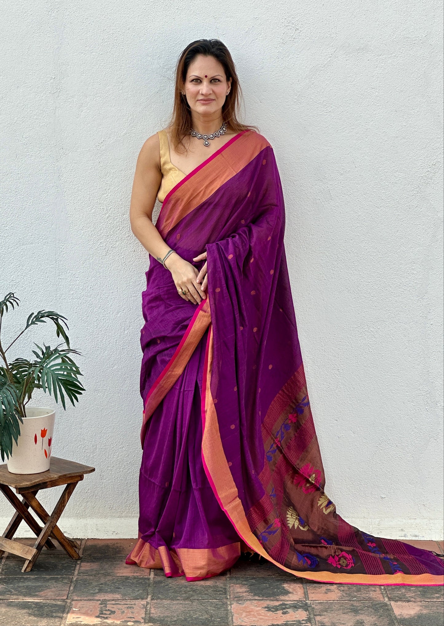 Purple Pure Cotton Handloom Saree with Paithani Inspired Weaving on the Pallu