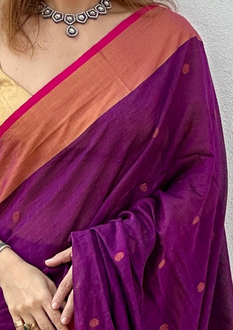 Purple Pure Cotton Handloom Saree with Paithani Inspired Weaving on the Pallu