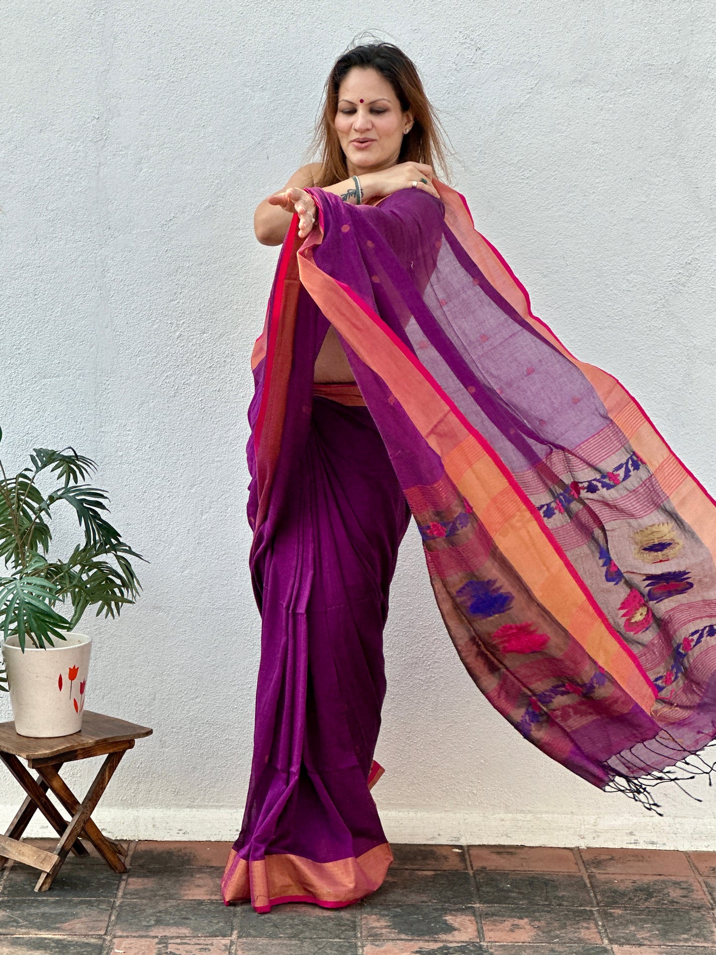 Purple Pure Cotton Handloom Saree with Paithani Inspired Weaving on the Pallu