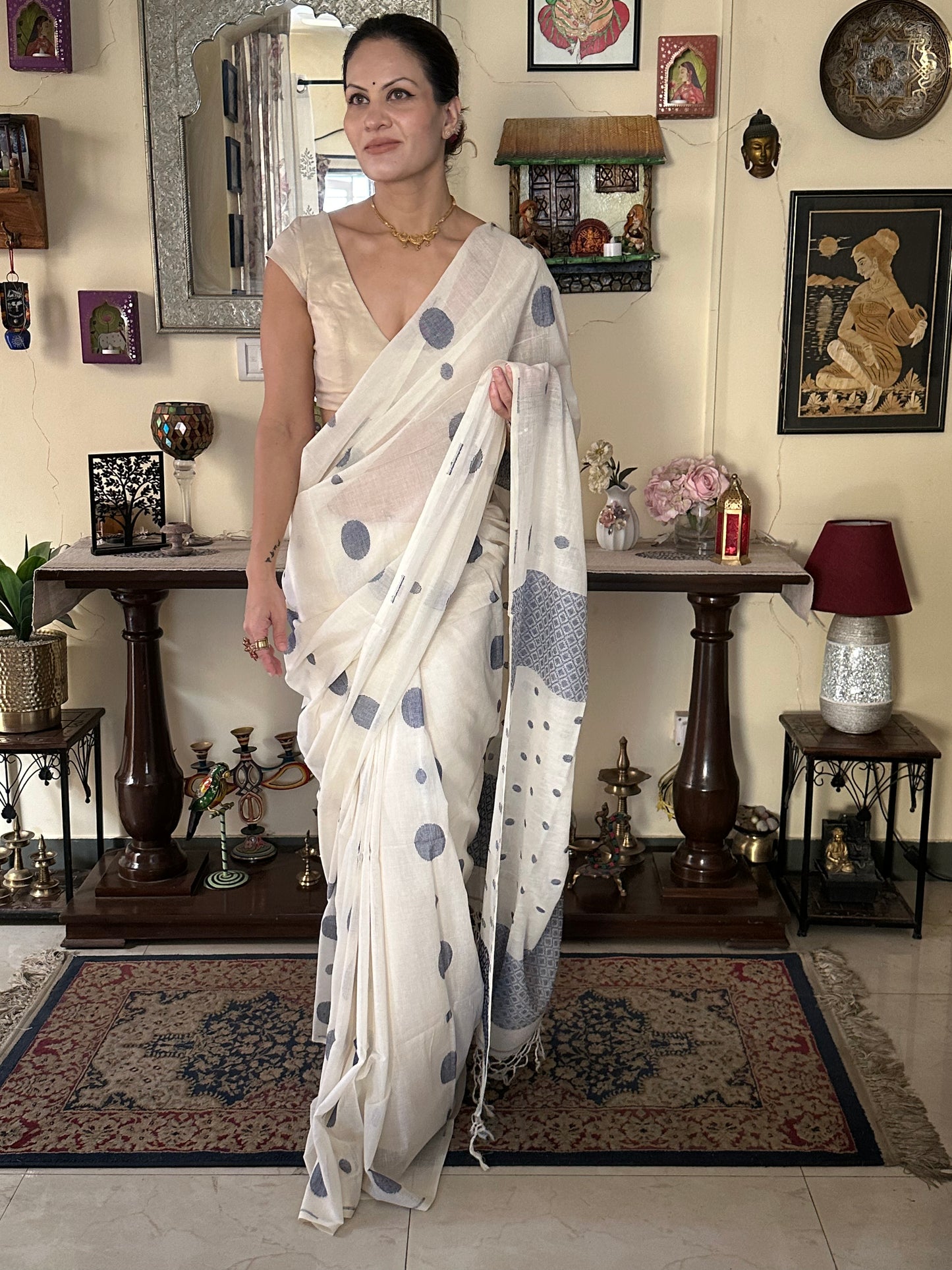 Cream Handloom Soft Cotton Jamdani Sari with Blue Woven Polka Dots & Intricate Work Woven Pallu