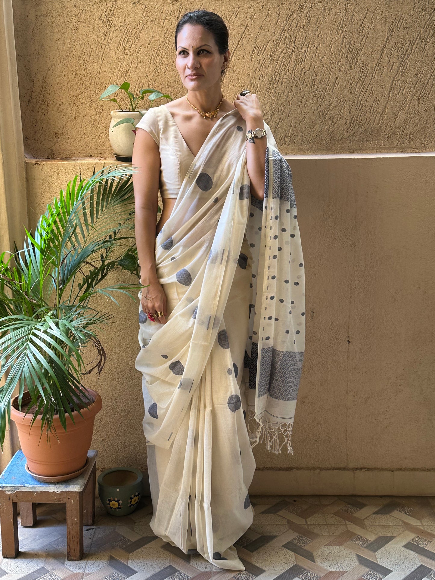 Cream Handloom Soft Cotton Jamdani Sari with Blue Woven Polka Dots & Intricate Work Woven Pallu