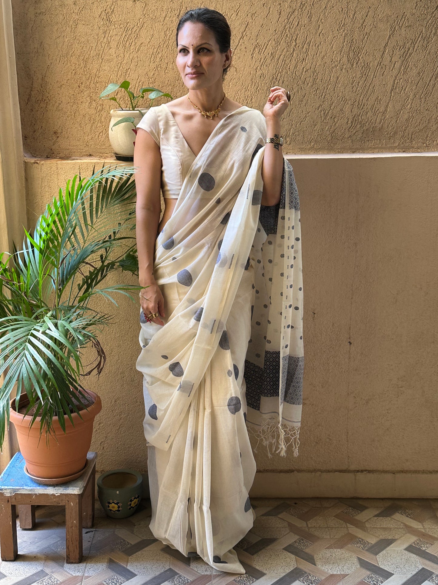 Cream Handloom Soft Cotton Jamdani Sari with Blue Woven Polka Dots & Intricate Work Woven Pallu