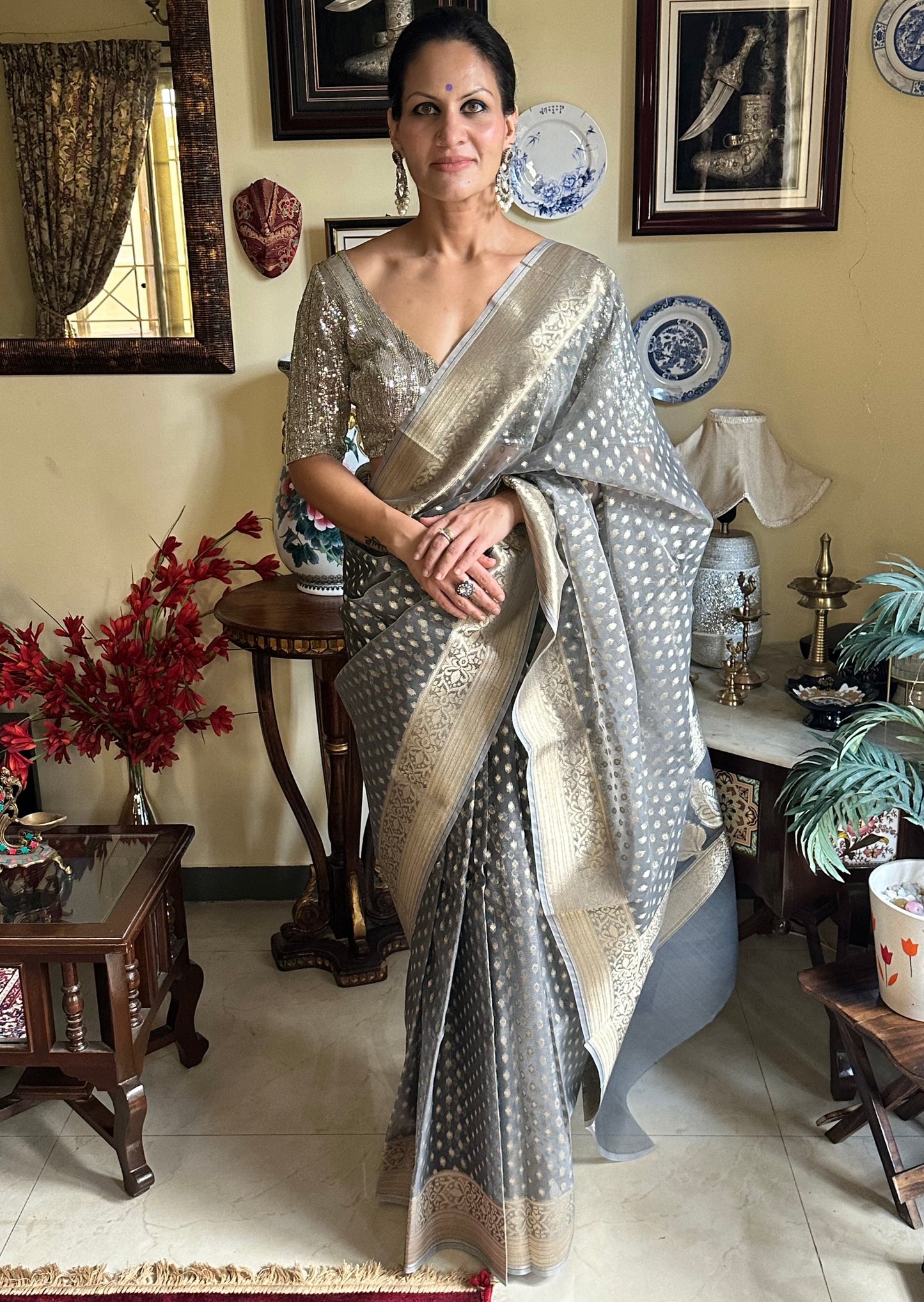 Grey Banarasi Kora Organza Sari with Butis & Weaving - Raahini