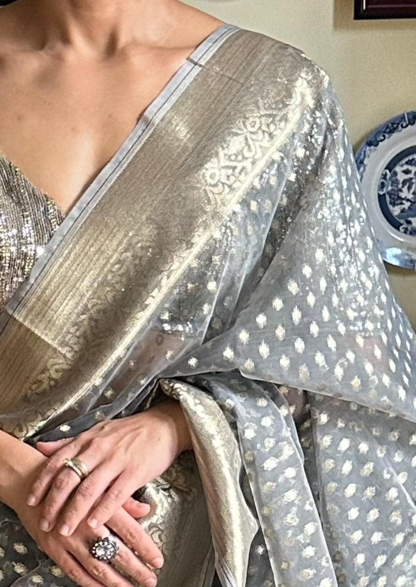 Grey Banarasi Kora Organza Sari with Butis & Weaving - Raahini