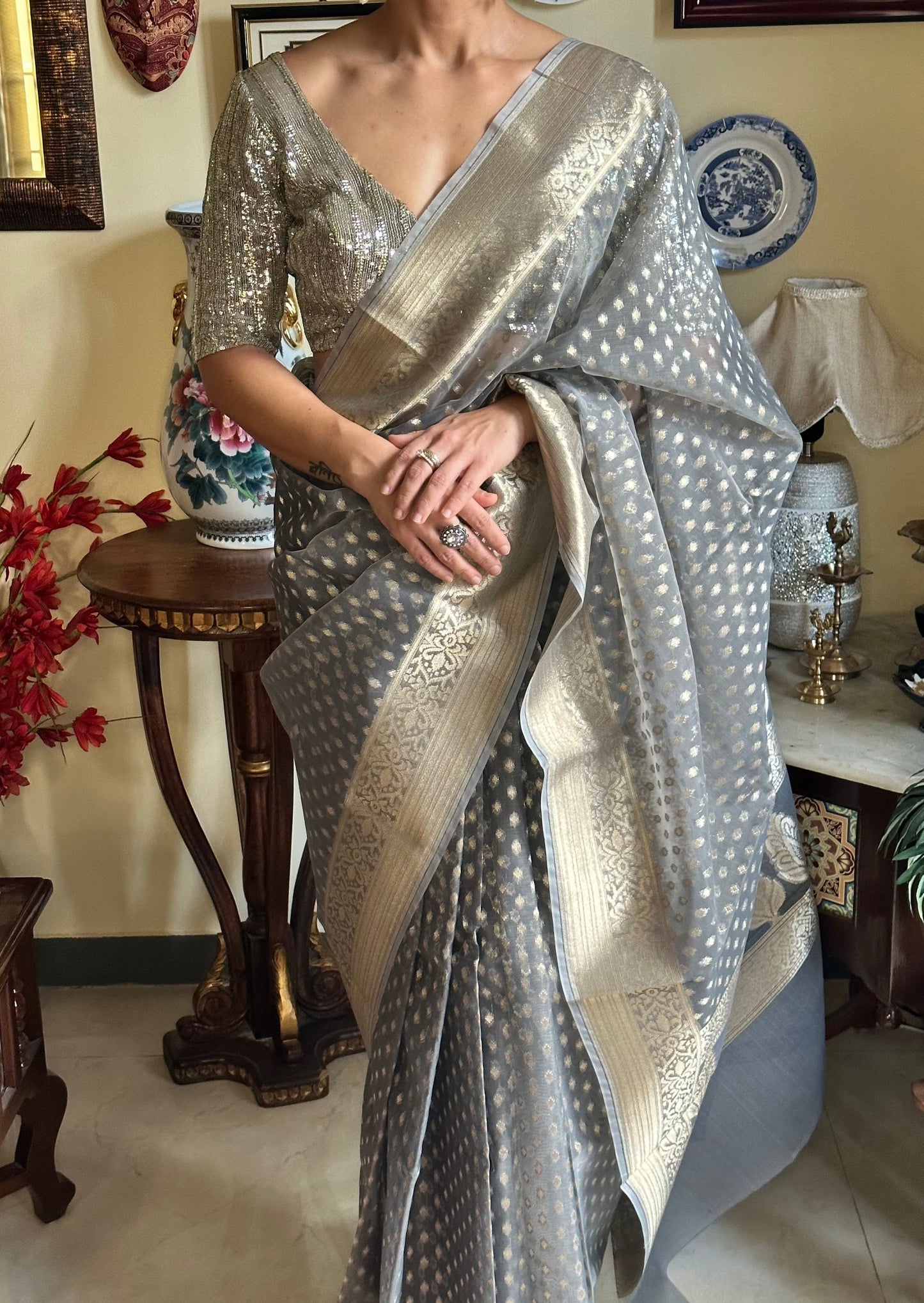 Grey Banarasi Kora Organza Sari with Butis & Weaving - Raahini