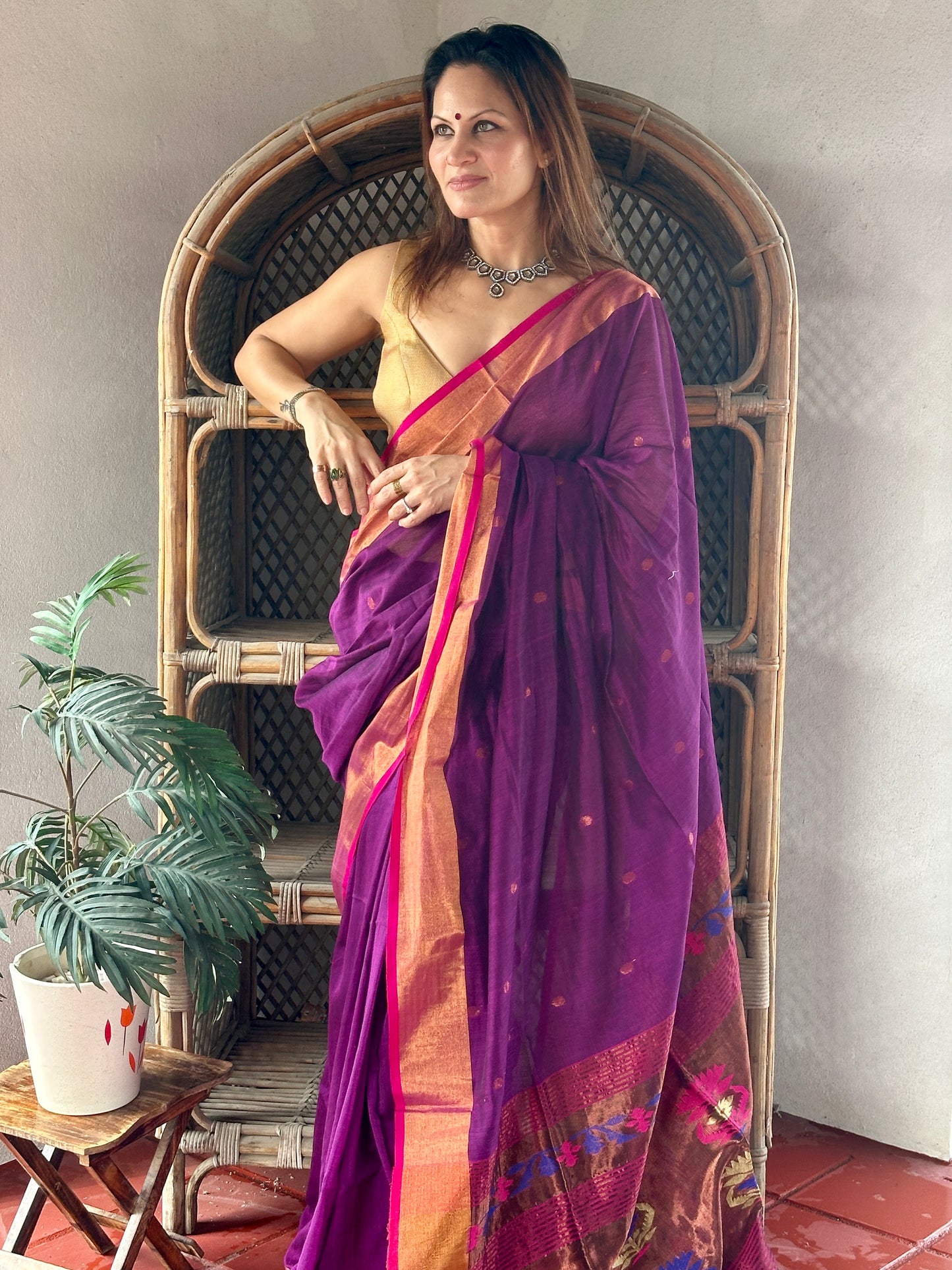 Purple Pure Cotton Handloom Saree with Paithani Inspired Weaving on the Pallu