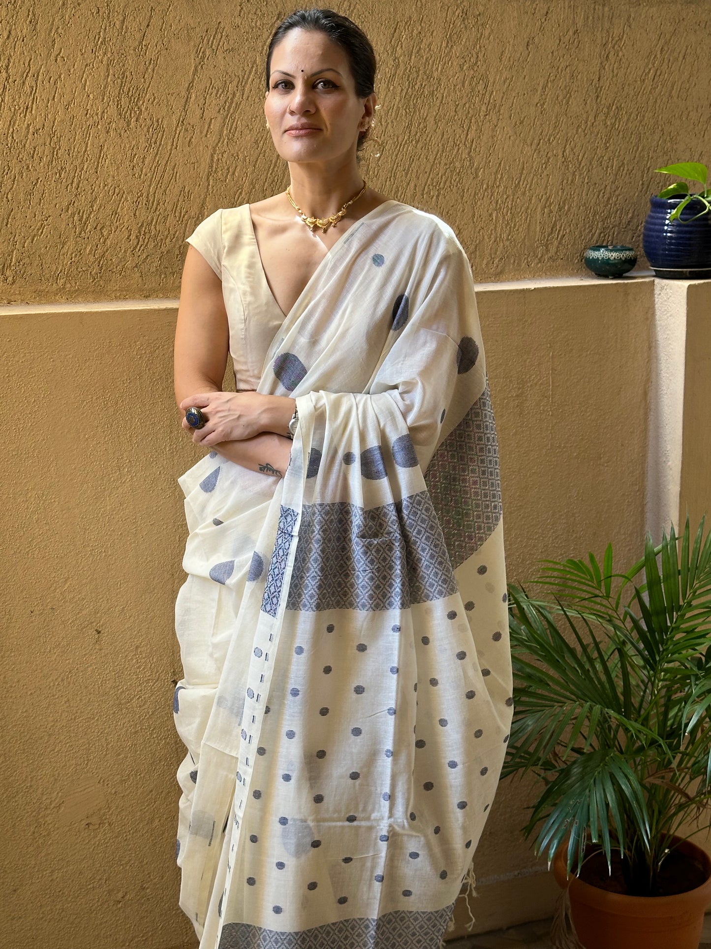 Cream Handloom Soft Cotton Jamdani Sari with Blue Woven Polka Dots & Intricate Work Woven Pallu