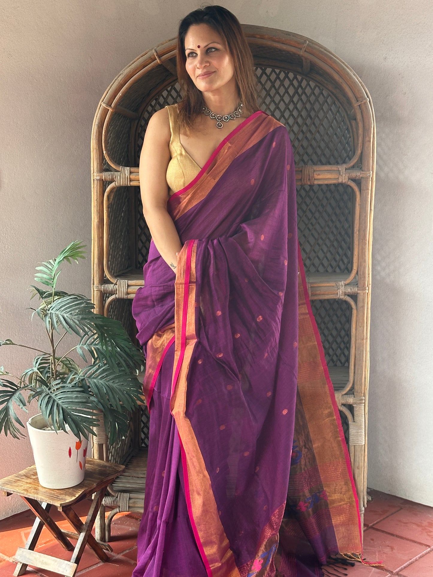 Purple Pure Cotton Handloom Saree with Paithani Inspired Weaving on the Pallu