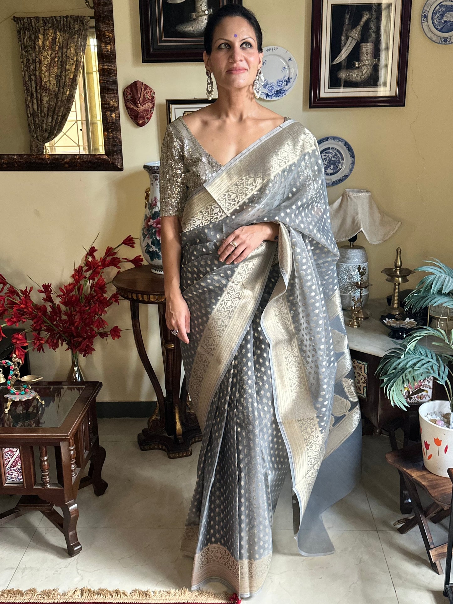 Grey Banarasi Kora Organza Sari with Butis & Weaving - Raahini