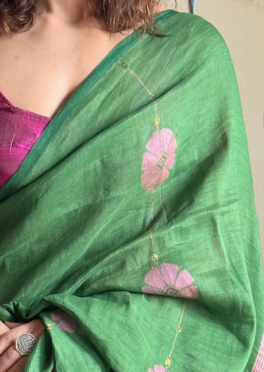 Pure Linen Cotton Jamdani with Woven Intricate Flowers and Lines - Raahini