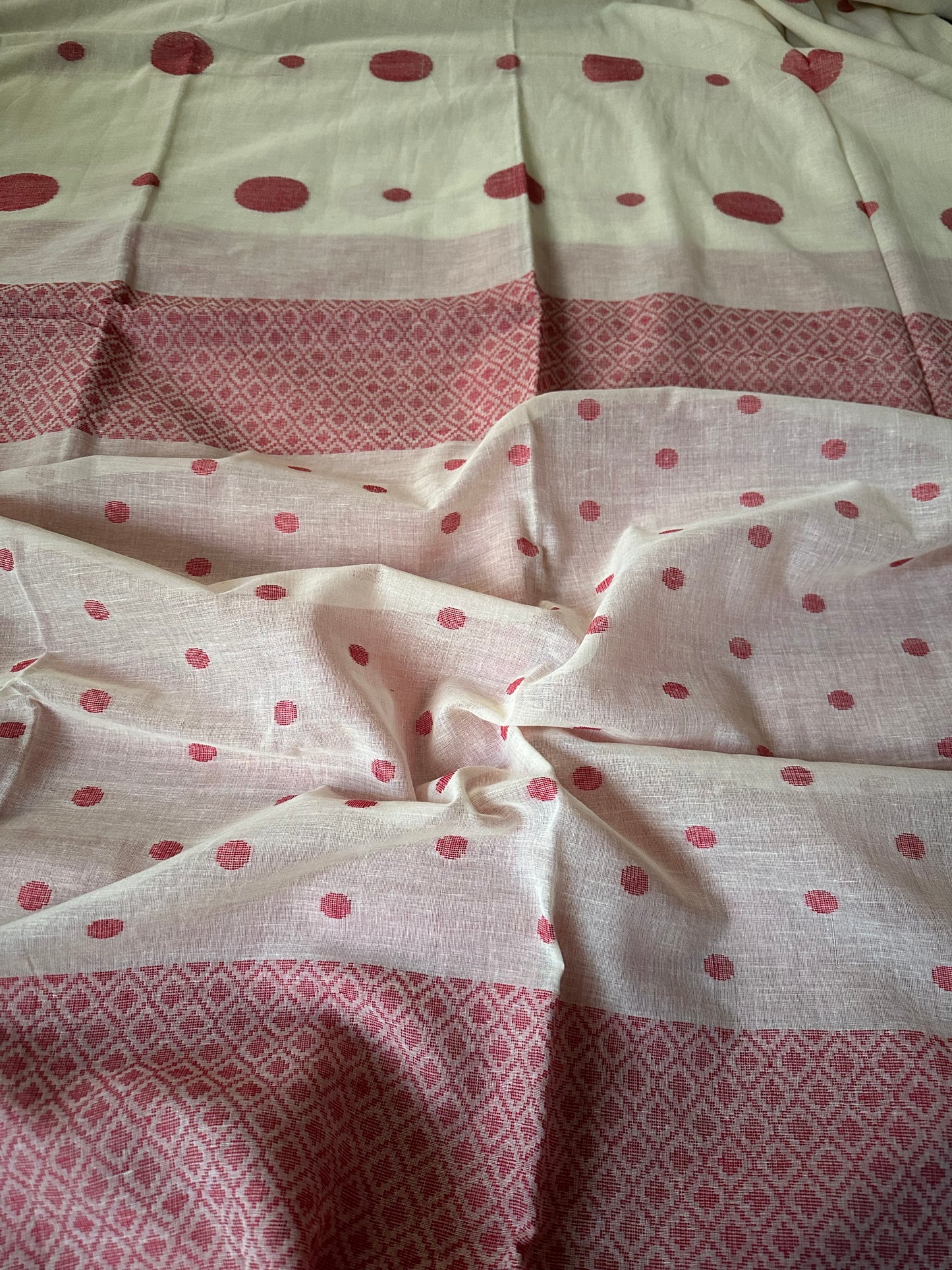 Cream Handloom Soft Cotton Jamdani Sari with Red Woven Polka Dots & Intricate Work Woven Pallu